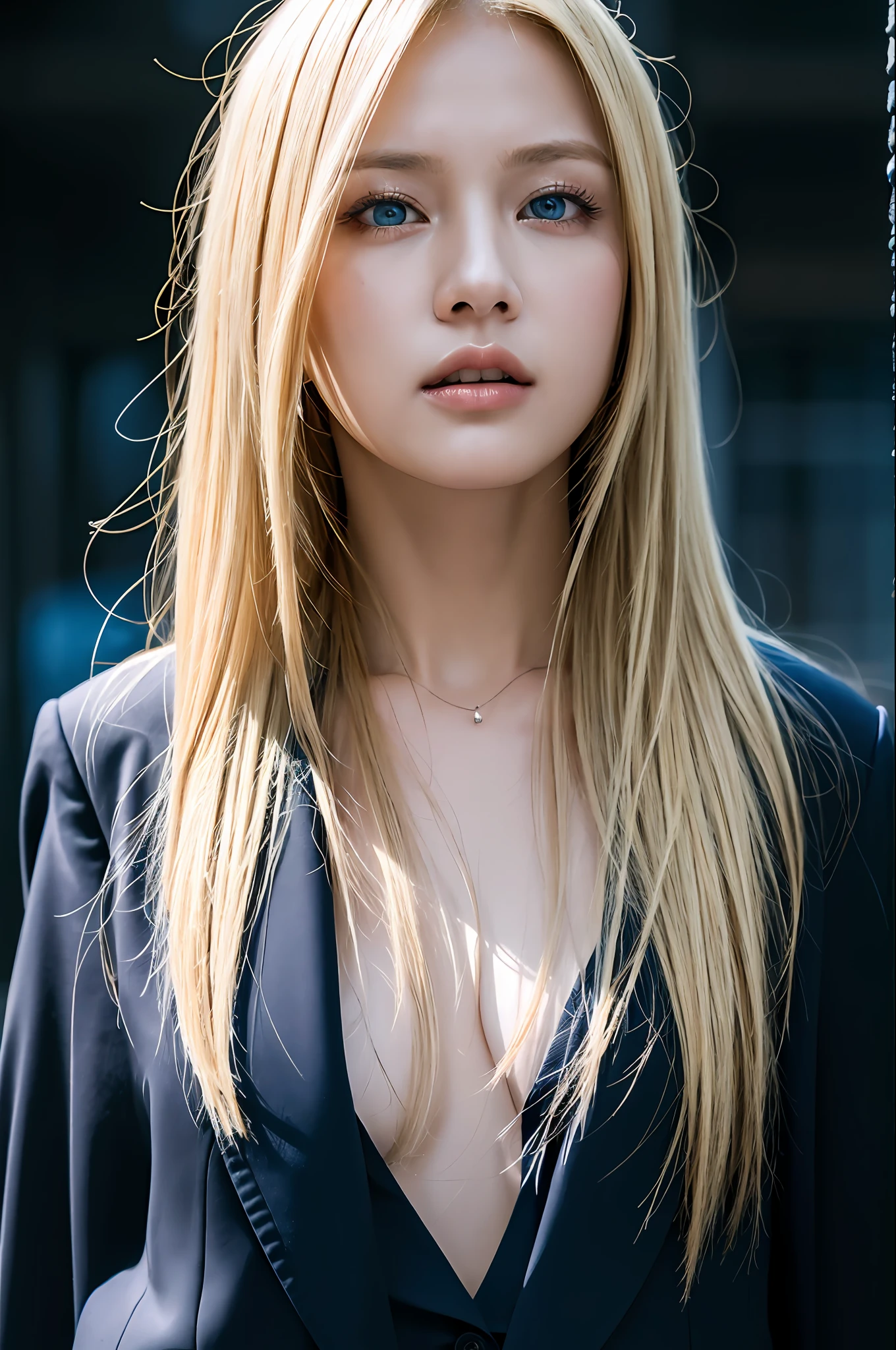 Best quality, masterpiece, ultra high res, (photorealistic:1.4), raw photo, 1girl, blonde hair, blue eyes, detailed eyes and face, black suit, dynamic lighting, in the dark, deep shadow, low key, cowboy shot full-lenght body