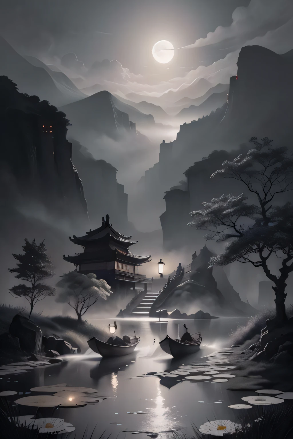 masterpiece,best quality,Chinese martial arts style,an asian night scene with lanterns and water lilies,asian pond with many lanterns and boatsa night scene with many lights and boats in the water, Lake surface, lotus flowers,beautiful night scene,(((Chinese martial arts style))), with vast sky, continuous mountains and steep cliffs, ink wash style, outline light, atmospheric atmosphere, depth of field, mist rising, bamboo, pine trees, octagonal stone pavilion, waterfall flowing water,big full moon,(No color) , Monochrome, light color,