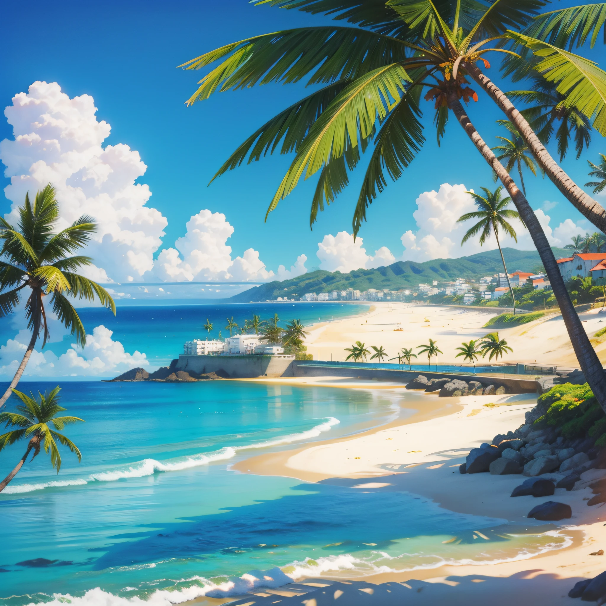 landscape,Salvador beach, Farol da Barra in the background, coconut trees in the sand, calm, natural beauty, vibrant colors, high contrast, bright sun, tropical atmosphere)