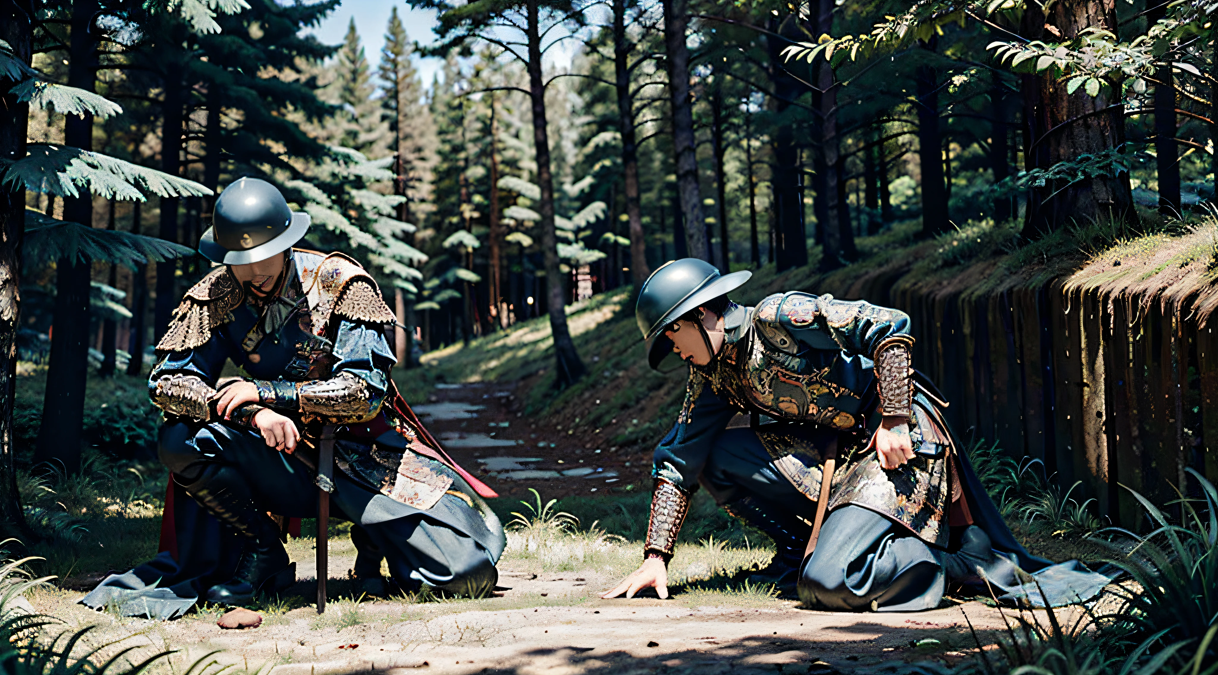 (8k, RAW photo, best quality, masterpiece: 1.2), (realistic, photo realistic: 1.37), 1man, head up 45 degrees, full body, side, kneeling on one knee, wearing feidie_helmet, dead tree, nature, sword
