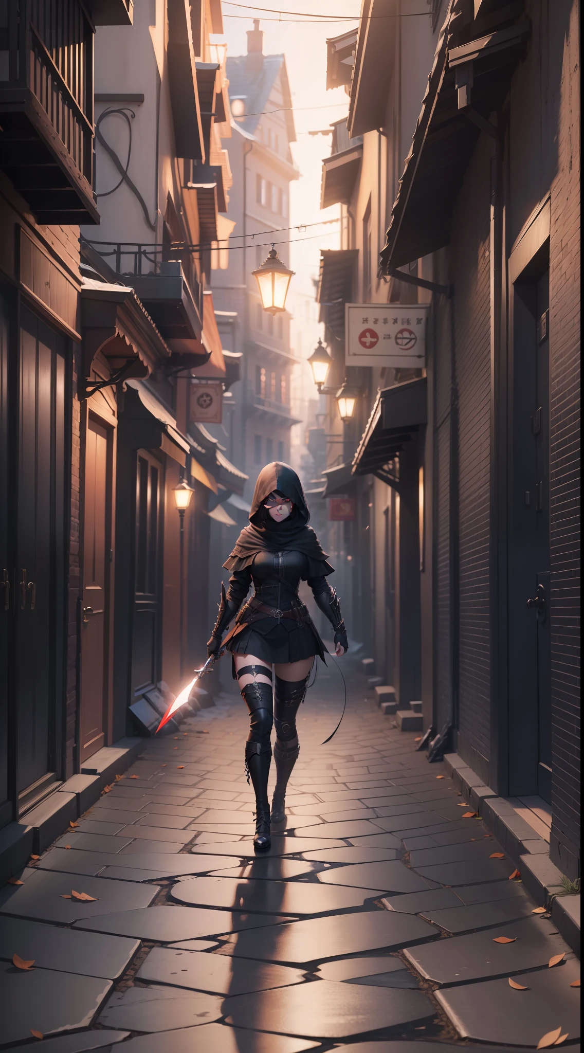 (extremely detailed CG unity 8k wallpaper, masterpiece, best quality, ultra-detailed), best illumination, black hood, shadows, mysterious, intense, (1 female) , dark hair, red eyes, deadly weapons, sharp knife, black clothes, dark alley, moonlight.