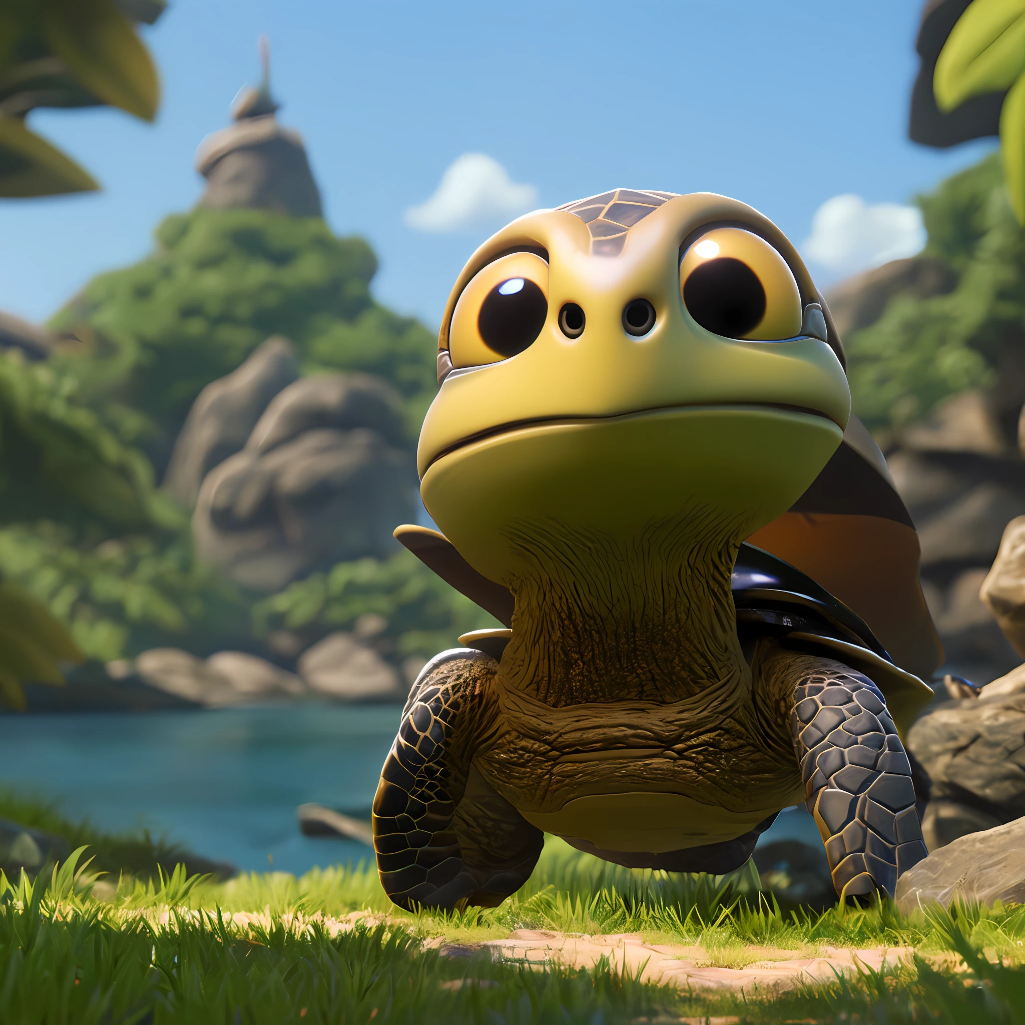 Cute adorable turtle that greets you with a smile, Unreal Engine, cozy outdoors, art station, detailed digital painting, cinematic, character design by Mark Raiden, Pixar, Hayao Miyazaki, Unreal 5, DAZ, Hyperrealistic, Octane Lender, 3DMDT1, (smile)