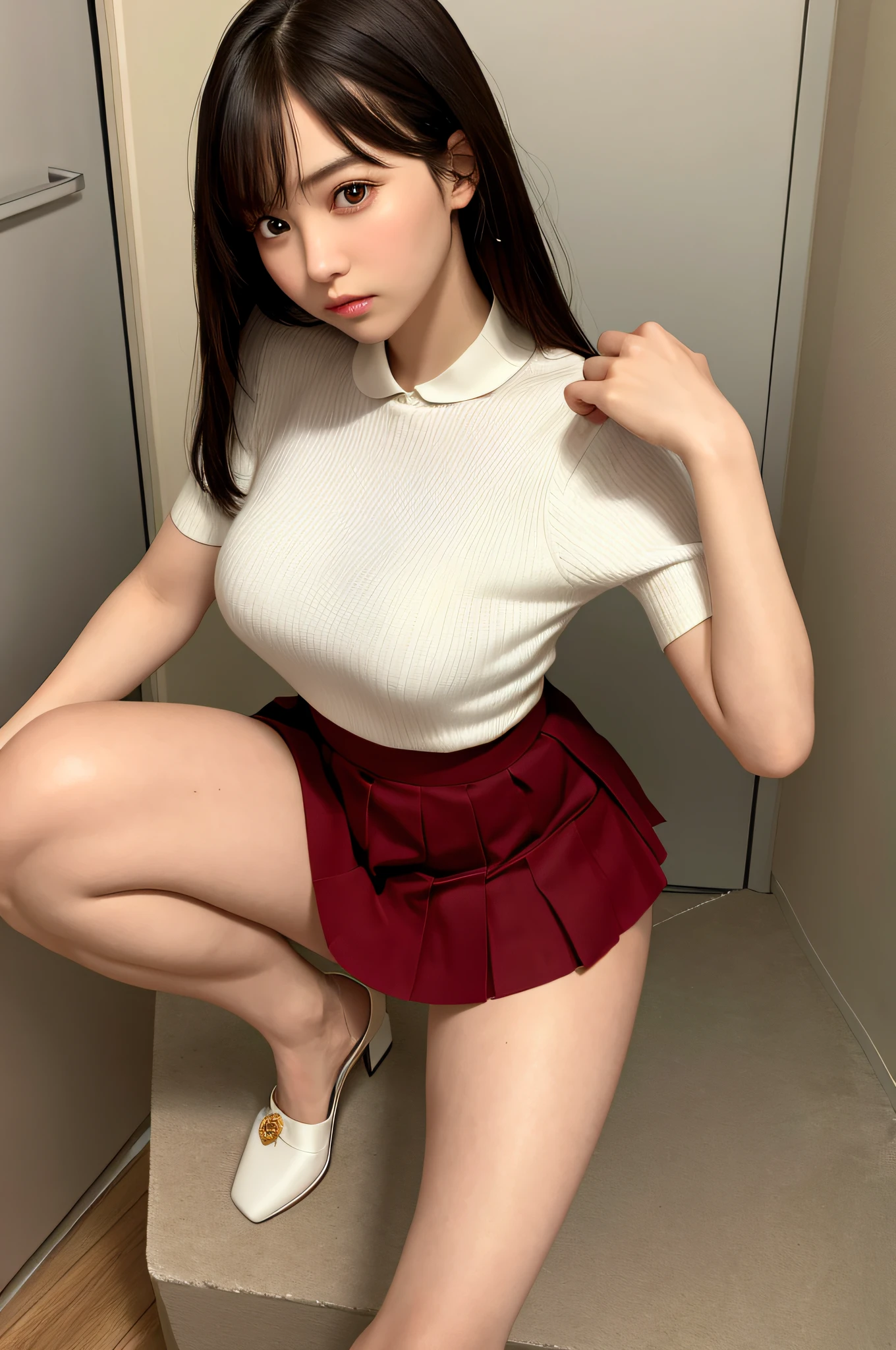 masterpiece, best quality, 1girl, young, brown eyes, long black hair, (nice leg line: 1.3), thin waist, medium breasts, menstruating, menstrual blood running down her, using sanitary napkin, transparent panties, white pleated skirt dress, tie, high heels, bathroom, depth of field, looking at the viewer, squat, back, full body, legsupsexm