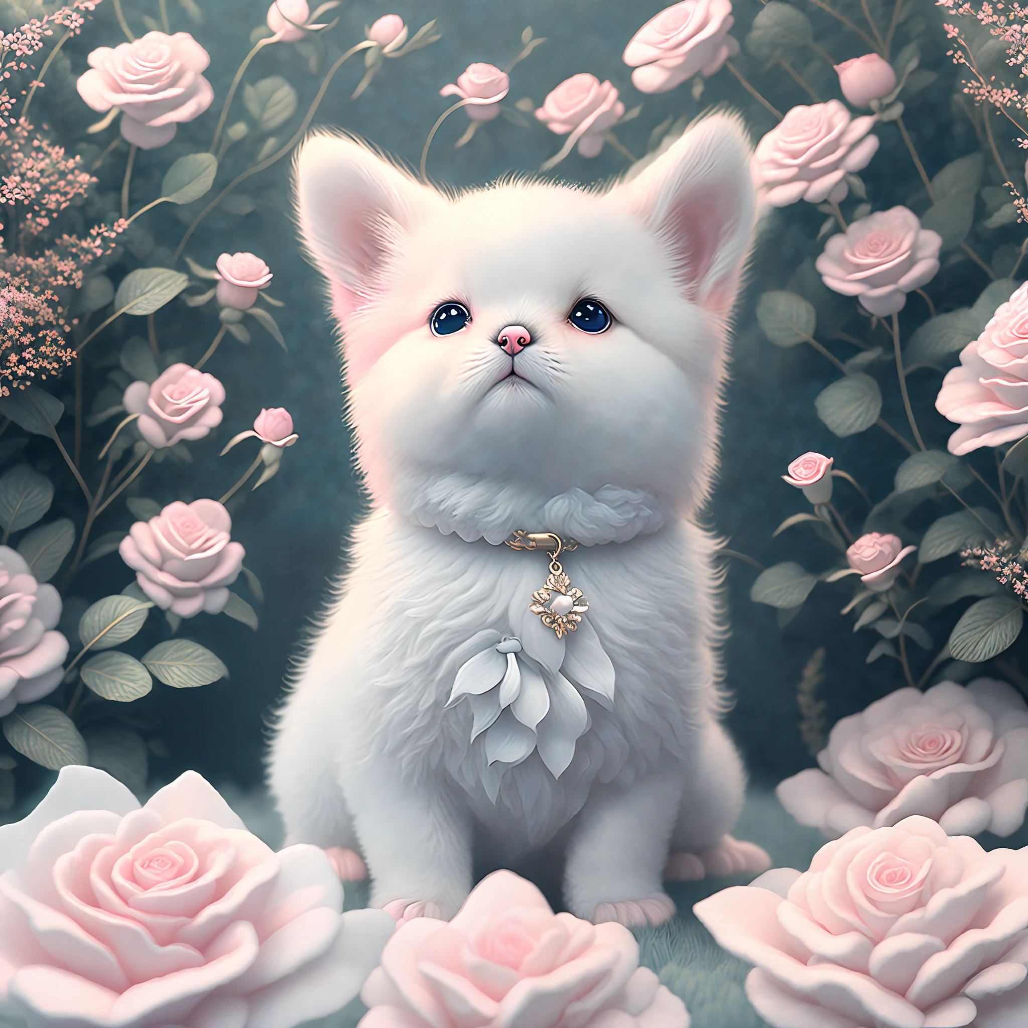 In this ultra-detailed CG art, the adorable puppy surrounded by ethereal roses, best quality, high resolution, intricate details, fantasy, cute animals