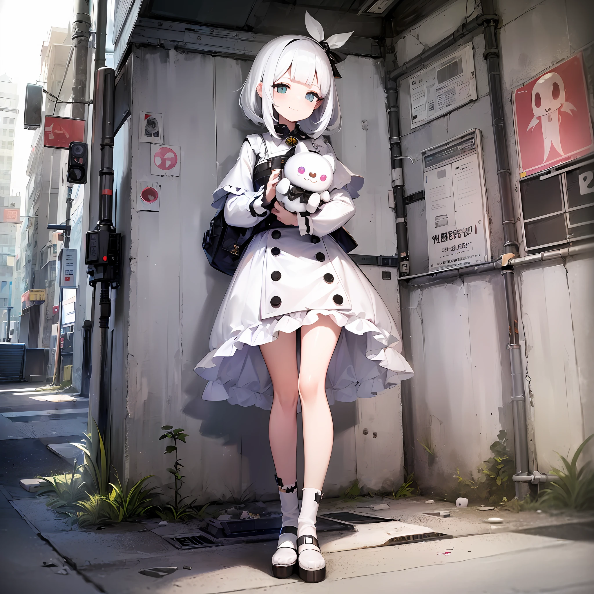 [(white background:1.5),::5] (isometric:1.0),(( wide shot, full body)),//1 girl, ghost girl, white tattered dress, necromancer, kawaii rpg, official art, gacha banner, gacha splash, in abandoned bus station, stop sign, urban, white hair, white eyes, white eyelashes, dead eyes, smiling, holding plush toy, cute