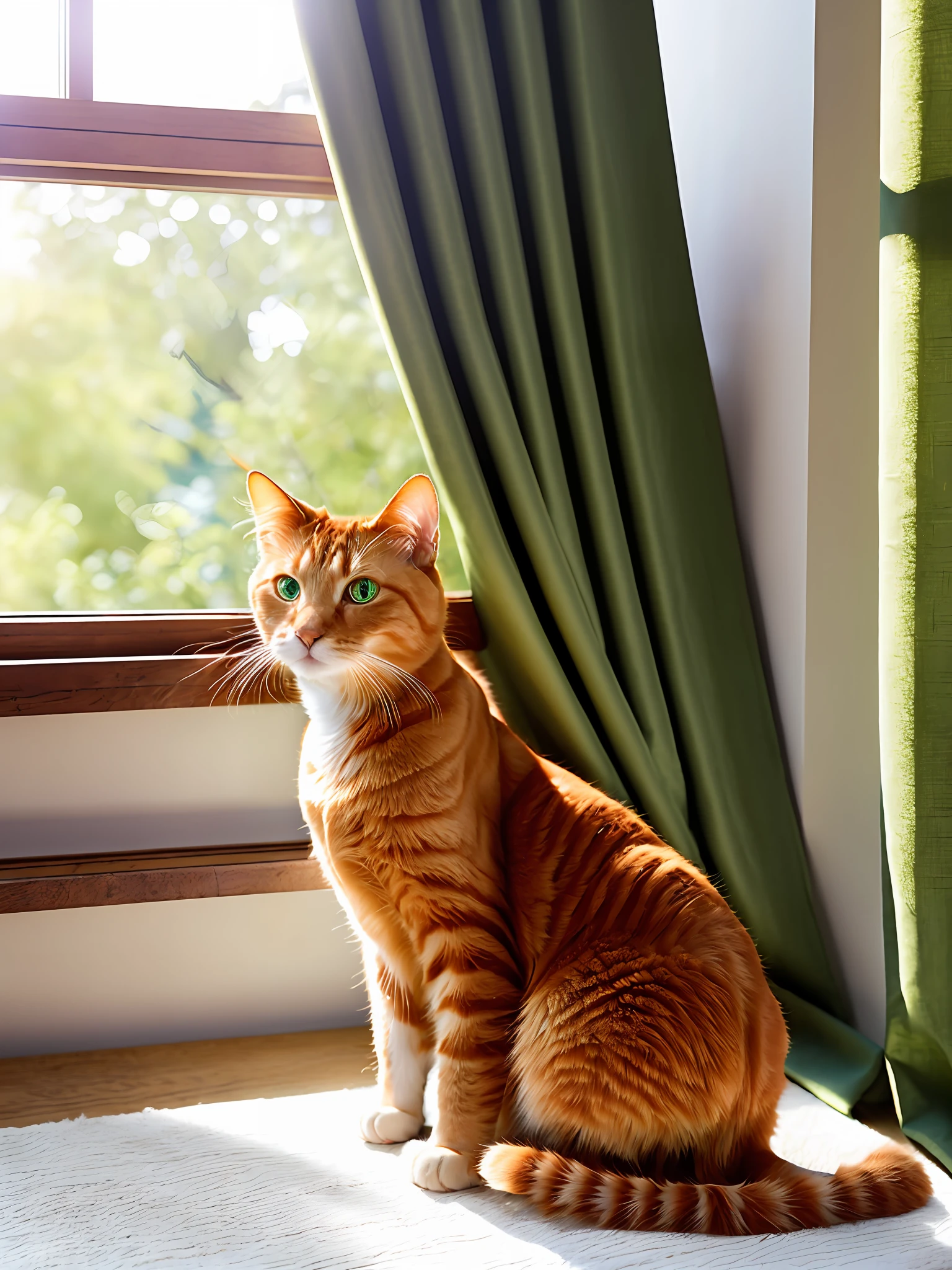 (ultra-realistic,ginger fur,green eyes), (wooden window sill,sunlight filtering,curtains), (warm and cozy glow), (cat), (sitting,relaxed pose), [close-up view:1.2]