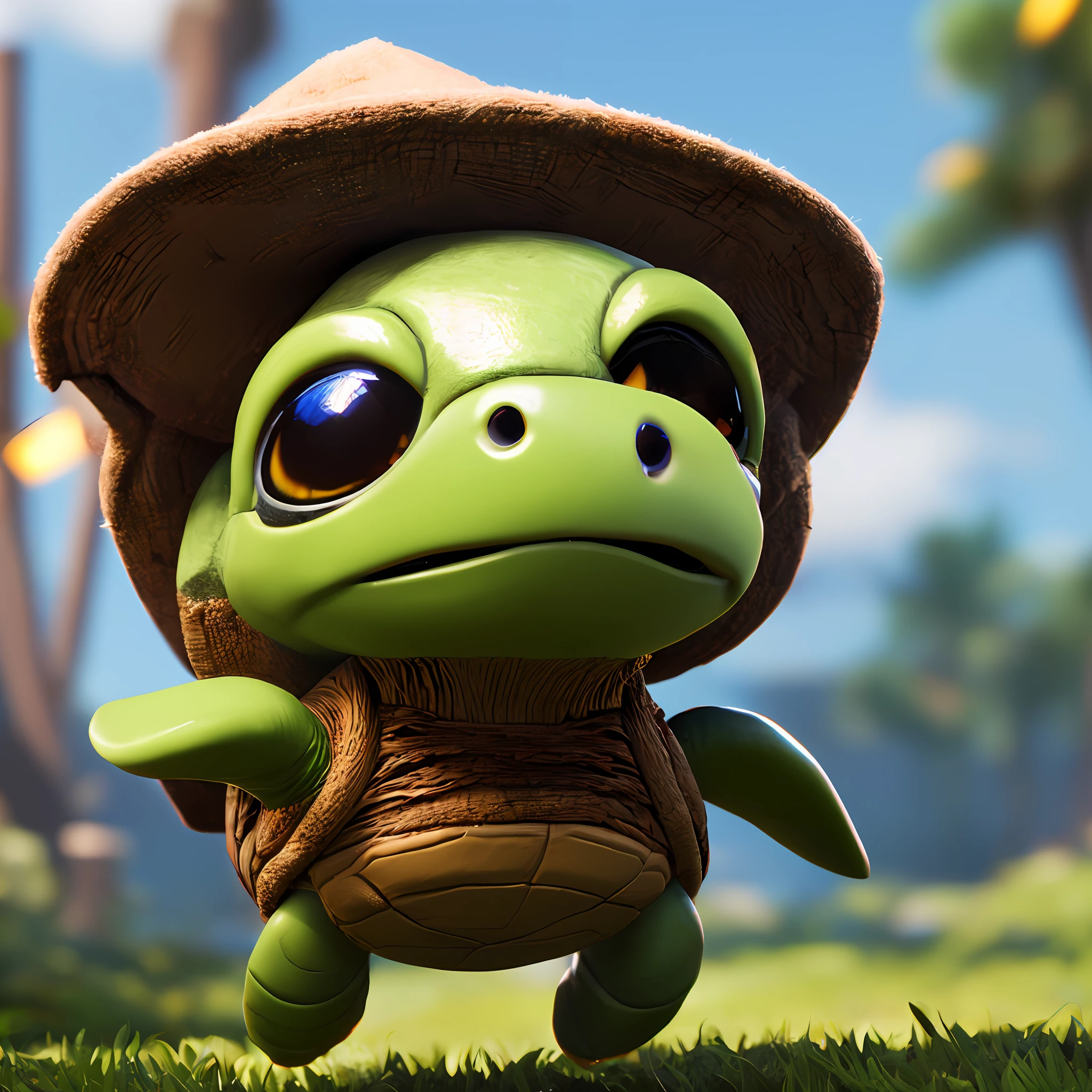 Cute adorable turtle that greets you with a smile, Unreal Engine, cozy outdoors, art station, detailed digital painting, cinematic, character design by Mark Raiden, Pixar, Hayao Miyazaki, Unreal 5, daz, hyperrealistic, octane render, 3DMDT1
