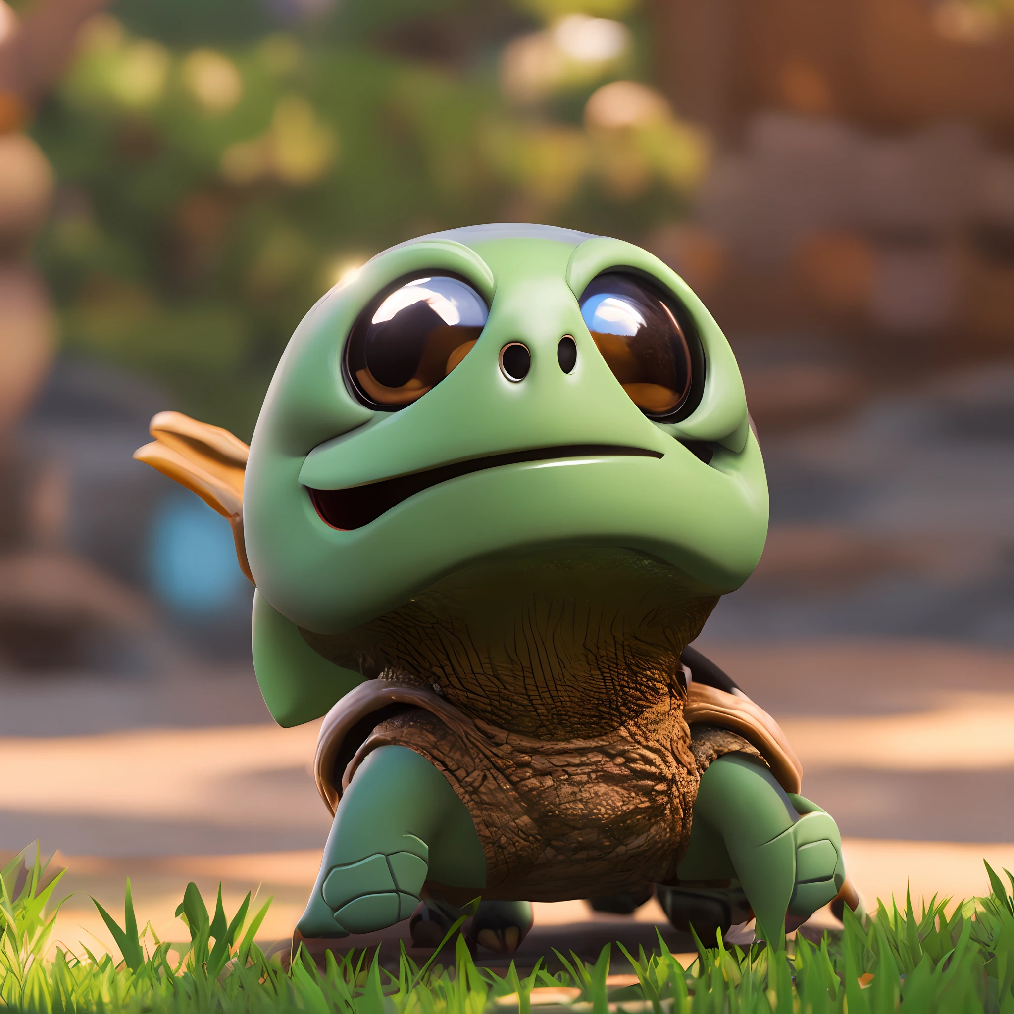 Cute adorable turtle that greets you with a smile, Unreal Engine, cozy outdoors, art station, detailed digital painting, cinematic, character design by Mark Raiden, Pixar, Hayao Miyazaki, Unreal 5, daz, hyperrealistic, octane render, 3DMDT1