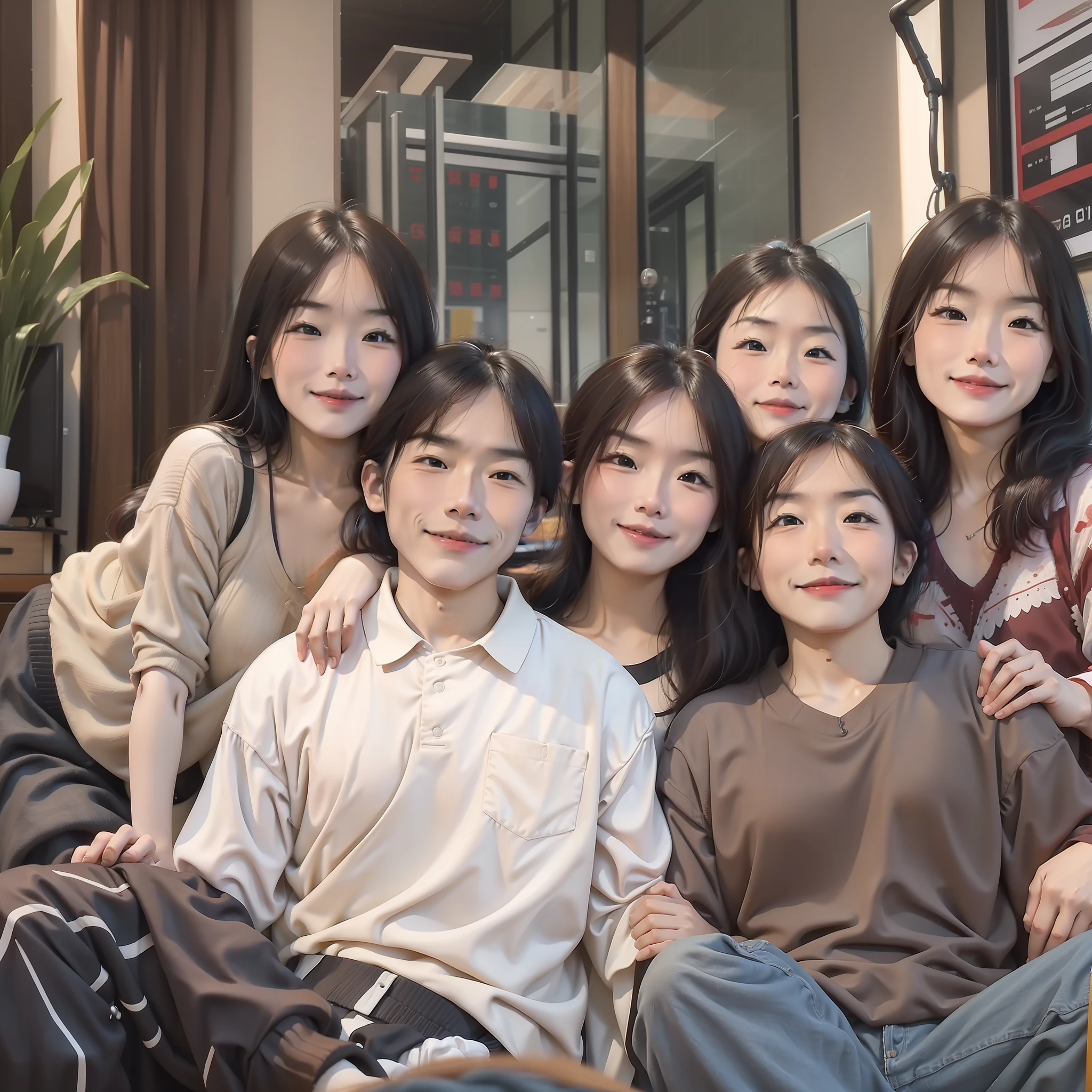 A family in Asia sitting on the sofa together, feel the happy life of this 5G, tv commercial, advertising photo, family, 8k octane advertising photo,advertising image, family portrait, HI-Res scan, high resolution scan, tv still image, TV show, TV, photo taken with Nikon D750, photo taken with Nikon D750