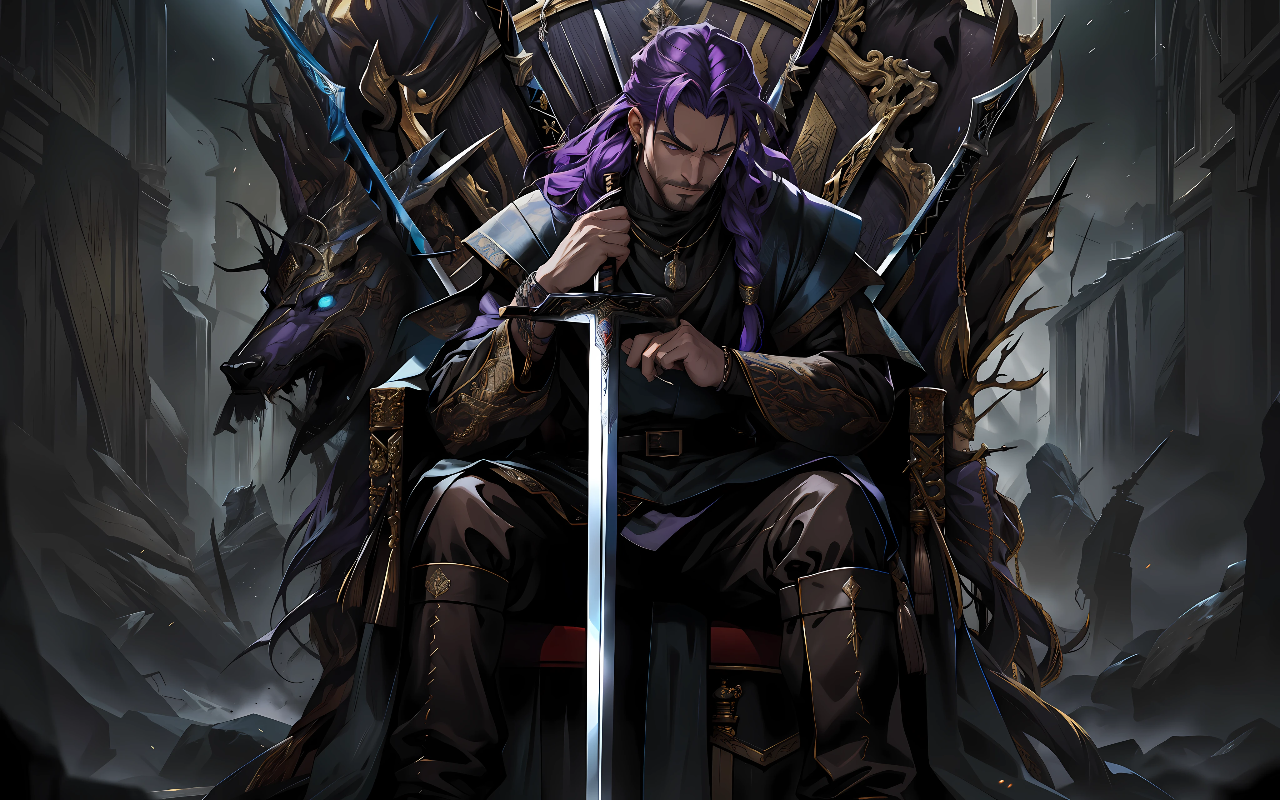 The cartoon depicts a man of approximately 30 years, sitting on a throne made of swords that refers to the famous throne of the series Game of Thrones. It is seen full body, with the camera positioned a little far away, allowing the view of its imposing size. (Her eyes are open large purple detail1,2), contrasting with her long hair and entwined in also purple dreads, which run down her back. His skin is of a brown tone,(detail face:1,2)giving him strong and striking features. The man is dressed in black clothes, made of light fabrics and with a luxurious appearance. On his neck and wrists, he wears gold necklaces and bracelets, which shine brightly against his skin. Sitting on a throne made of swords, the man holds a long, sharp sword in one hand, drawn with stunning detail of sharpness and realism. The other hand rests on the back of the throne. The man has a mischievous smile on his lips, a subtle trait that denotes that he knows secrets that no one else knows. His gaze is piercing and seems to indicate that he is always one step ahead of the others. The setting in which the man finds himself is highly detailed, with an impressive sharpness and realism, thanks to the digital illustration in 4K. The environment depicted recalls a battle scene in the age of the Vikings, with burning ships, soldiers with shields and swords, and smoke. The throne on which the man is seated is composed of swords, which give an even more epic and imposing air to his figure. Hair in purple dreads is a striking and important element of man's appearance, drawn with care and attention to detail. The sword is also a significant piece in the drawing, represented realistically and accurately. The design conveys the feel of an epic battle scene, with a mix of fantasy and story elements. The 4K digital illustration allows you to visualize stunning details, such as the textures of the swords that make up the throne and the reflections]