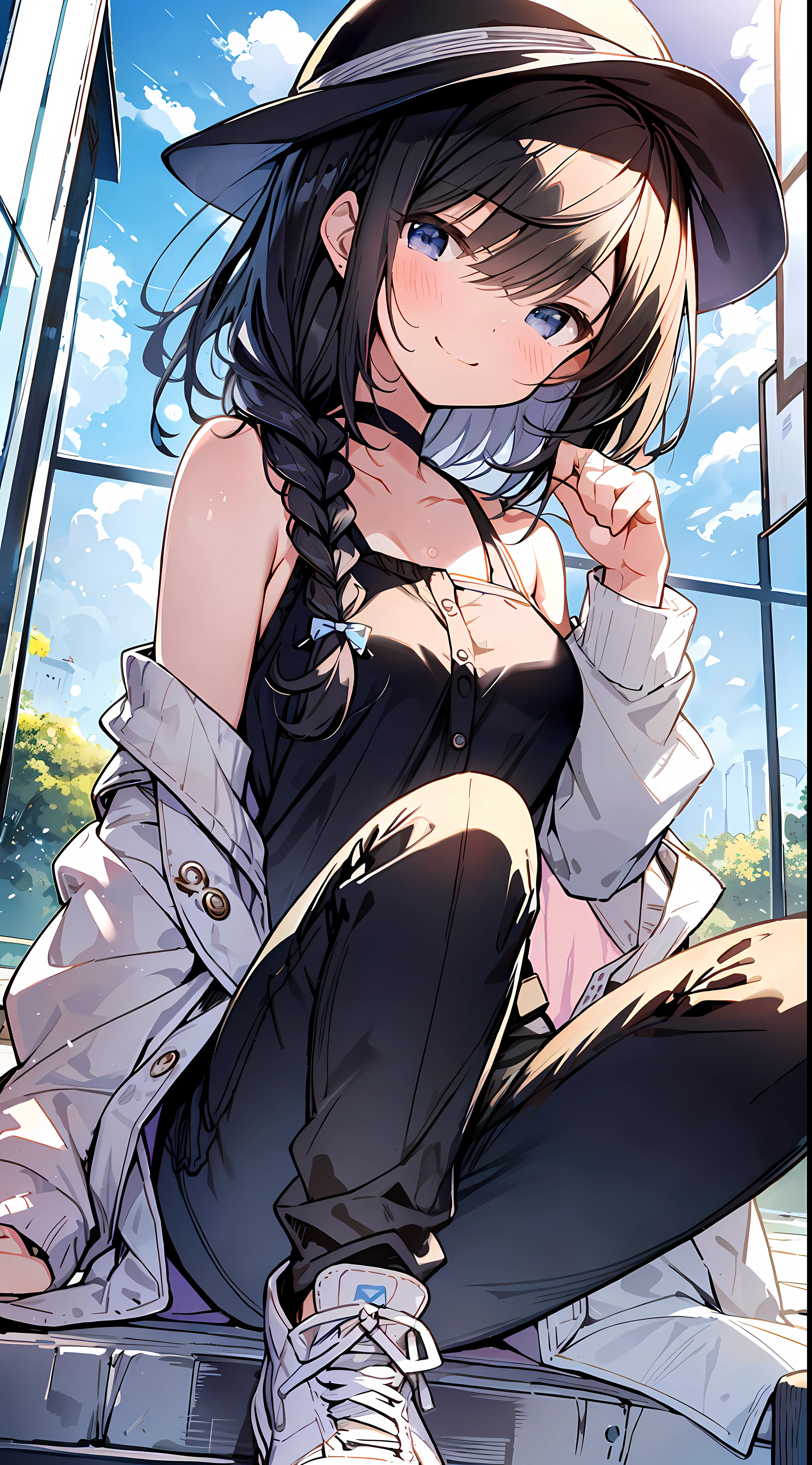 Top Quality, Masterpiece, Ultra High Definition, 8K, Summer Sky, Early Summer, (Pants, Sheer Cardigan, Sneakers), Shojo Manga Style , One, Soft Line Art, Digital Enhancement, Shoujo Manga Touch, Shojo Manga Core, Flowing Fabric, Close Up, (Shoulder Length and Short Braid)), Wet Hair, Soft Drawing, Beautiful Black Hair, Clear Eyes, ((Teasing smile)) , Ultra-detailed digital anime art, clear face depiction, ultra-detailed shoujo manga character art, clear facial features, ultra-detailed manga style, top quality colors, hand gestures, landscape with nature, looking up at the sky, angle to see up to your feet, sit