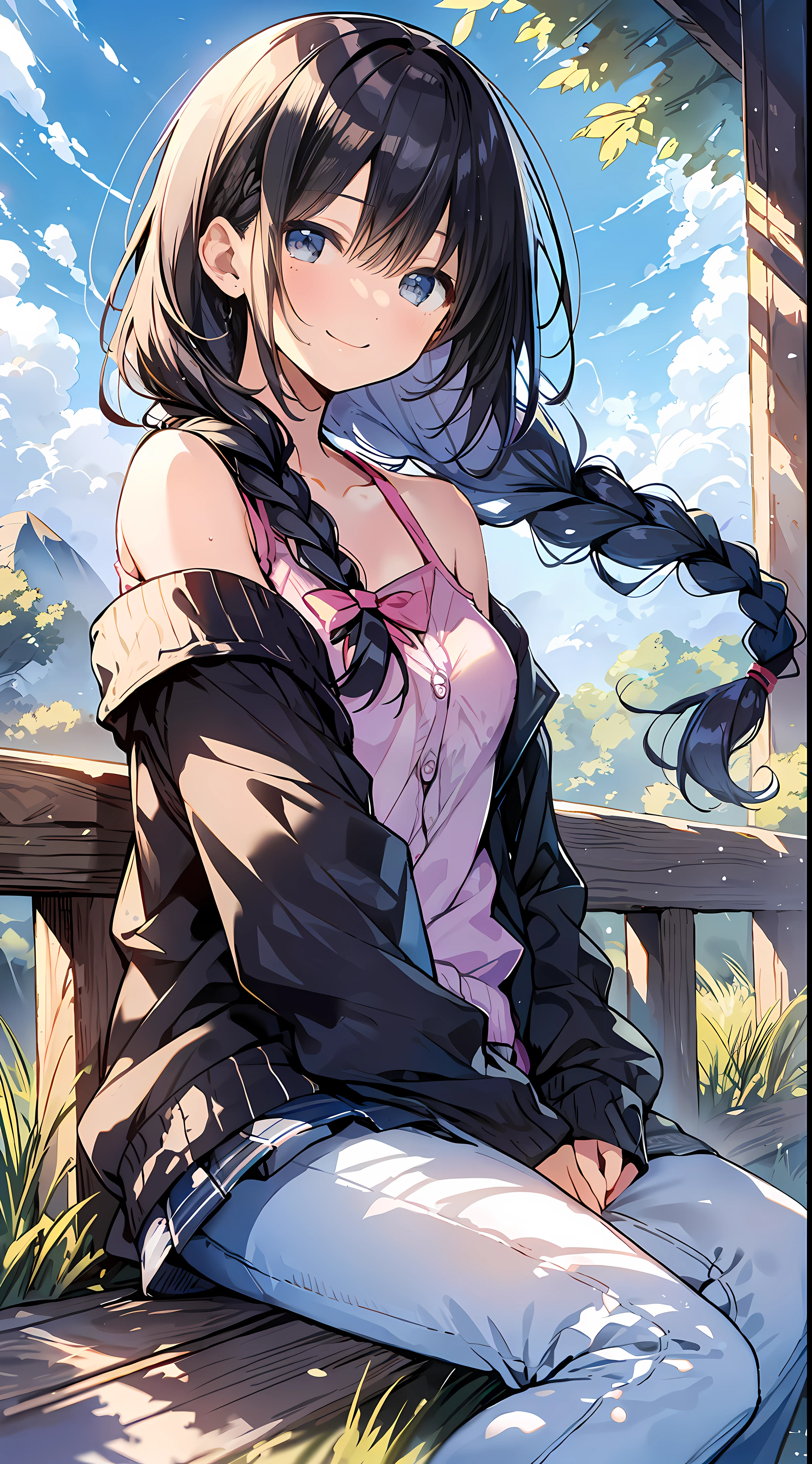 Top Quality, Masterpiece, Ultra High Definition, 8K, Summer Sky, Early Summer, (Pants, Sheer Cardigan, Sneakers), Shojo Manga Style Loli, One, Soft Line Art, Digital Enhancement, Shoujo Manga Touch, Shojo Manga Core, Flowing Fabric, Close Up, (Shoulder Length and Short Braid)), Wet Hair, Soft Drawing, Beautiful Black Hair, Clear Eyes, ((Teasing smile)) , Ultra-detailed digital anime art, clear face depiction, ultra-detailed shoujo manga character art, clear facial features, ultra-detailed manga style, top quality colors, hand gestures, landscape with nature, looking up at the sky, angle to see up to your feet, sit