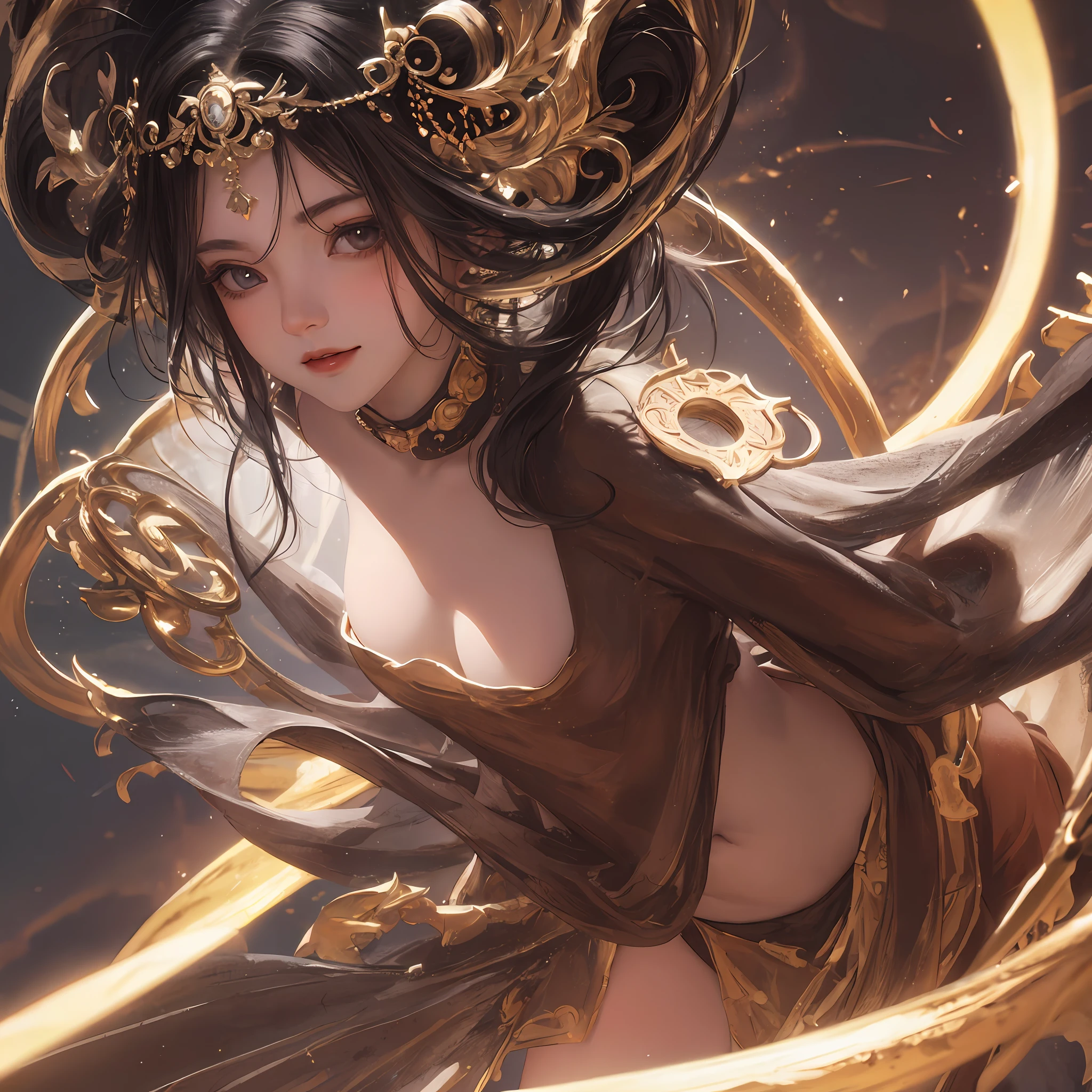 black hair, hair bobbles, wince, longeyelashes, solid circle eyes, light smile, ear blush, hair between eyes, doughnut hair bun, halo, Surrealism, drop shadow, anaglyph, stereogram, tachi-e, pov, atmospheric perspective, chiaroscuro, depth of field, cinematic lighting, god rays, sparkle, 8k, super detail, ccurate, best quality, award winning, highres, textured skin, anatomically correct, masterpiece, UHD, 8k
