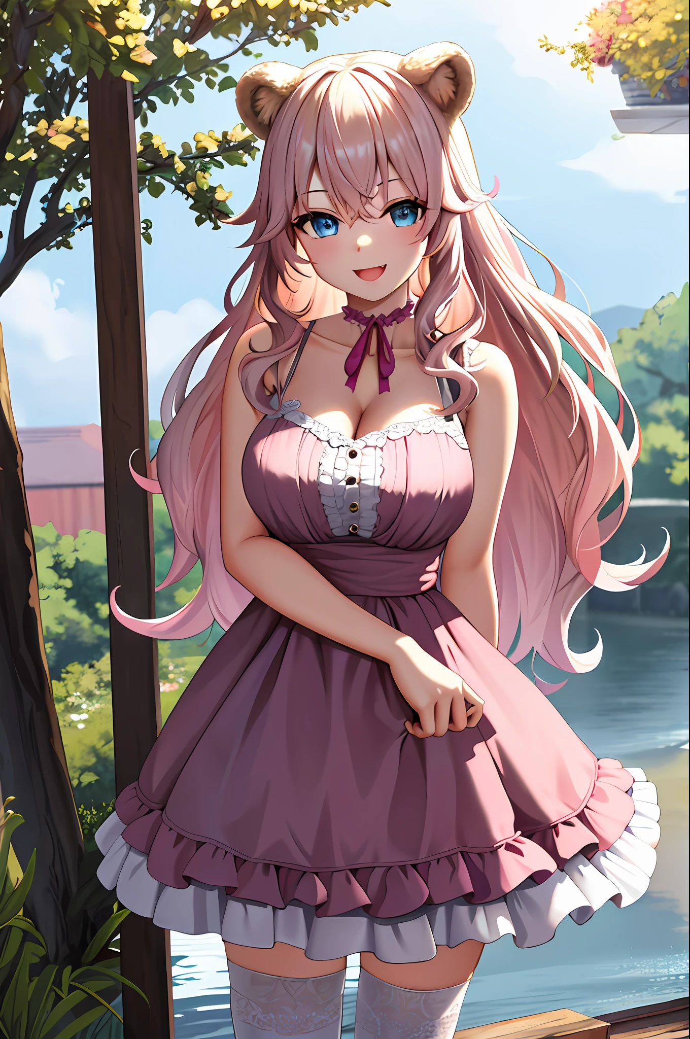 (leaning over:1.4), (masterpiece:1.2, best quality), (real picture, intricate details), 1girl, solo, absurdres, cowboy shot, standing, outdoors, :3, smile, bear girl, bear ears, ((light pink dress)), white thighhighs, platinum blonde hair, gray blue eyes, long hair, strawberry choker, smile, open mouth, one fang, large breasts, cleavage, sleeveless dress, arms behind back,