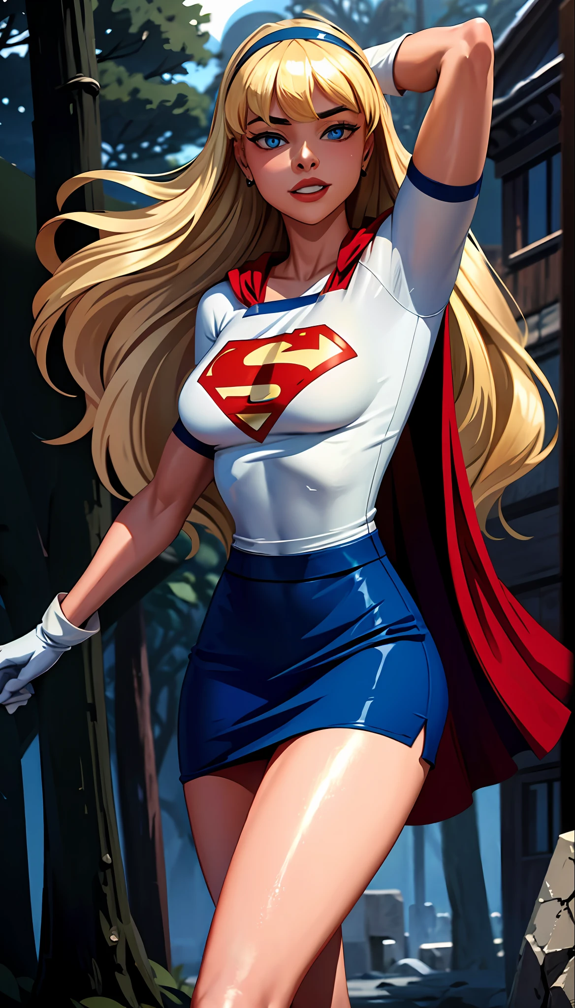 (cowboy shot), SFW, (masterpiece), (best quality: 1.0), (ultra highres: 1.0), detailed eyes,
BREAK
Supergirl, 1girl, long blonde hair, in the air, flying
Hair band, \(blue\) crop top, short sleeves, cape, red pencil skirt, gloves, boots
BREAK
(Morning sun, beautiful forest, stunning view)