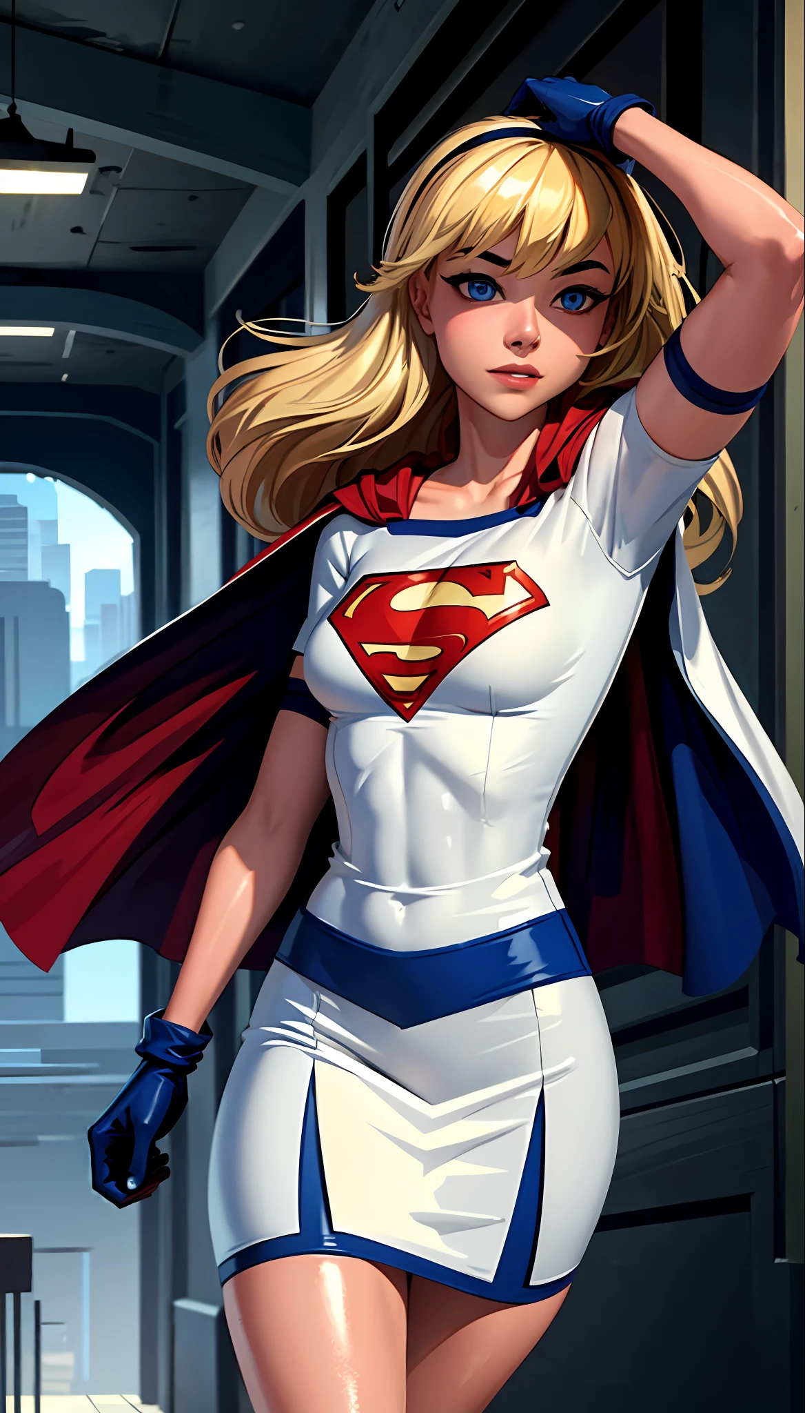 (cowboy shot), SFW, (masterpiece), (best quality: 1.0), (ultra highres: 1.0), detailed eyes,
BREAK
Supergirl, 1girl, long blonde hair, in the air, flying
Hair band, \(blue\) crop top, short sleeves, cape, red pencil skirt, gloves, boots
BREAK
(Morning sun, beautiful forest, stunning view)