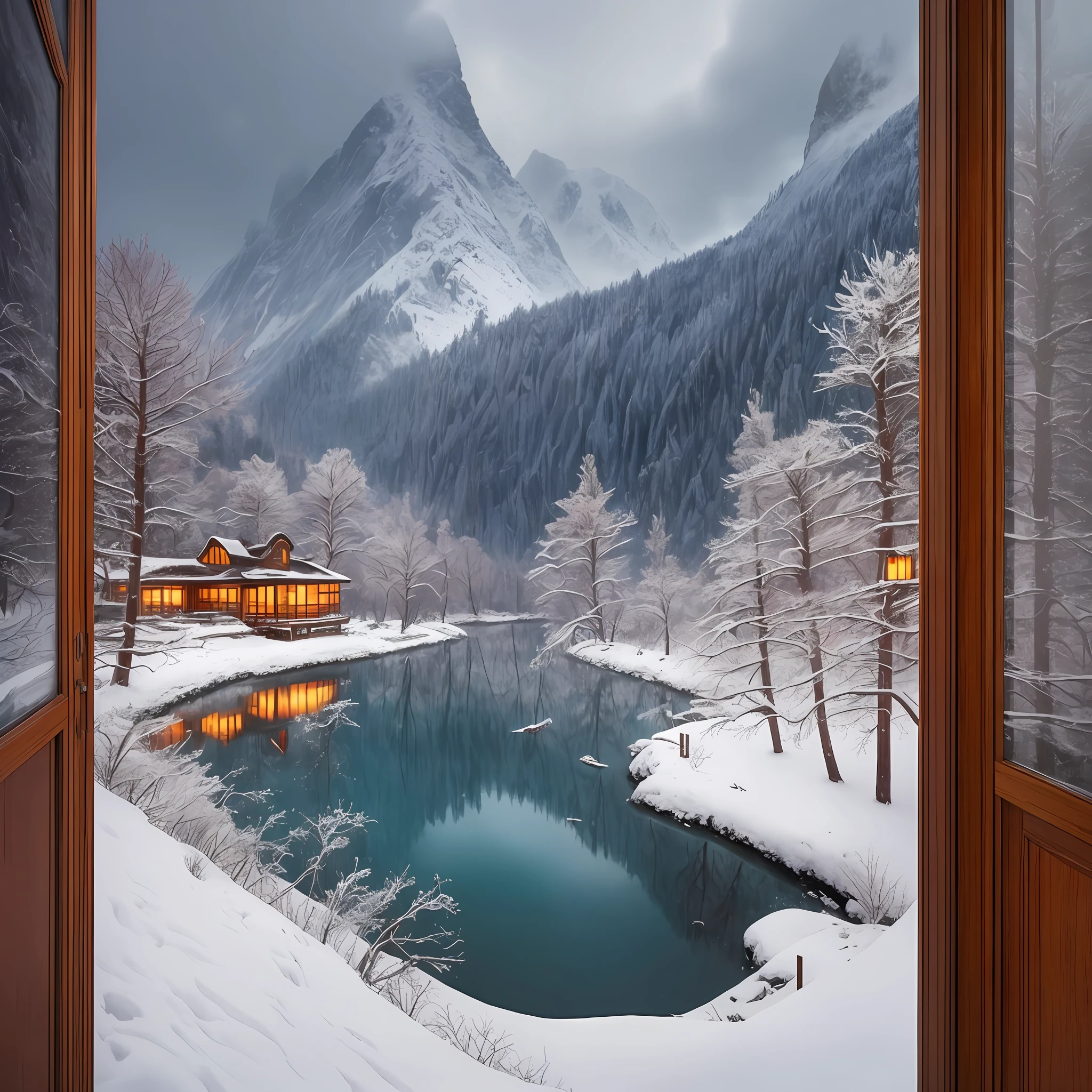 A beautiful painting, wide angle, on the sea, cloudy, snowy, red plum, morning, winter, fairy tale, hyperrealistic painting style, Hiroshi Sugimoto, Ayu, art station --auto --s2