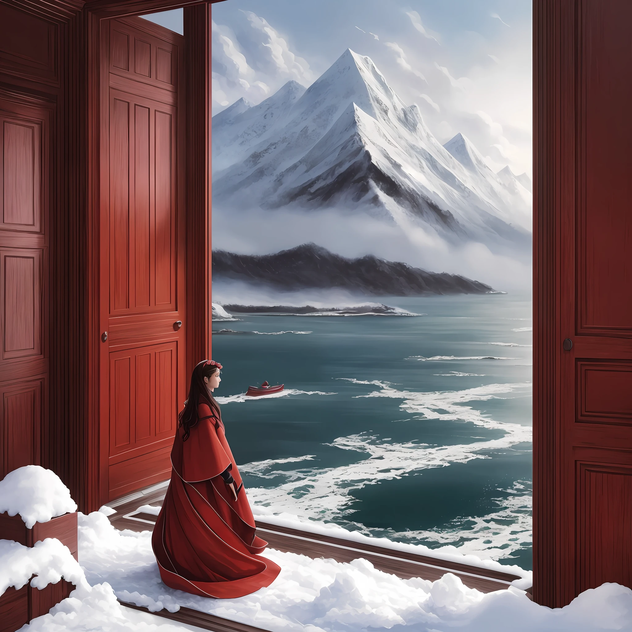 A beautiful painting, wide angle, on the sea, cloudy, snowy, red plum, morning, winter, fairy tale, hyperrealistic painting style, Hiroshi Sugimoto, Ayu, art station --auto --s2