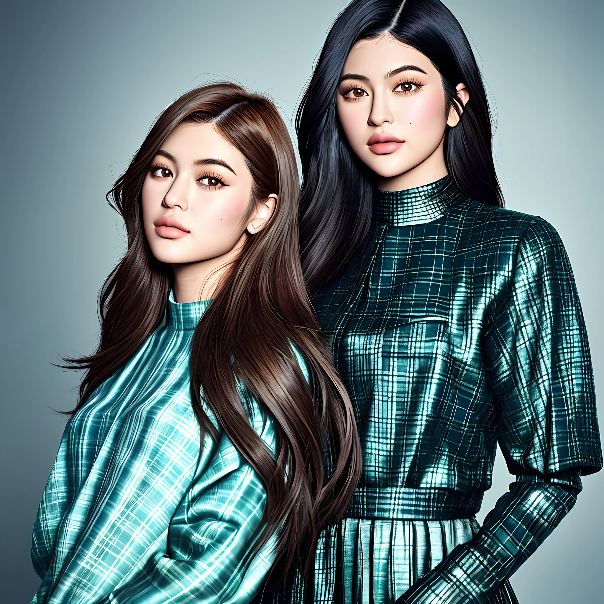 ultra detailed kylie jenner in extremely detailed illustration with teal metallic parts if plaid armor looking down, very detailed five finger hands, by Eva Widermann and artgerm, detailed body anatomically correct, ultradetailed face, black pupil, ultra detailed battleground background, complementary colors, fantasy concept art, 8k resolution, league of legends digital art, oil painting, soft tetrad colors, well done color gradient, full head, lovely illustration, showing full head, keep proportions, best quality,