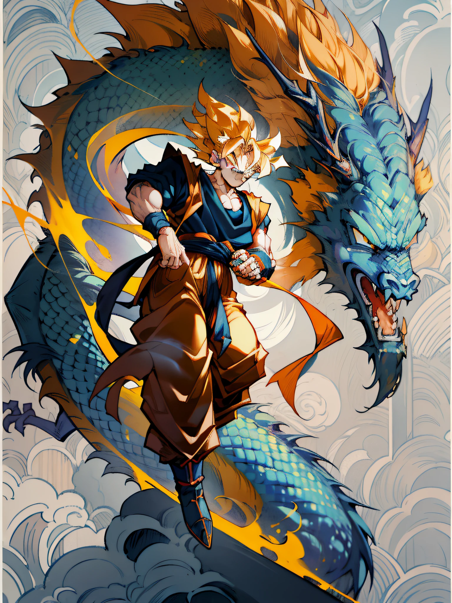Half-body Goku, yellow hair, (holding Dragon Ball 1:3 in his hand), and then his face is cold and arrogant. The background is a dragon. Overall dark style, oppressive, with a circling dragon in the background