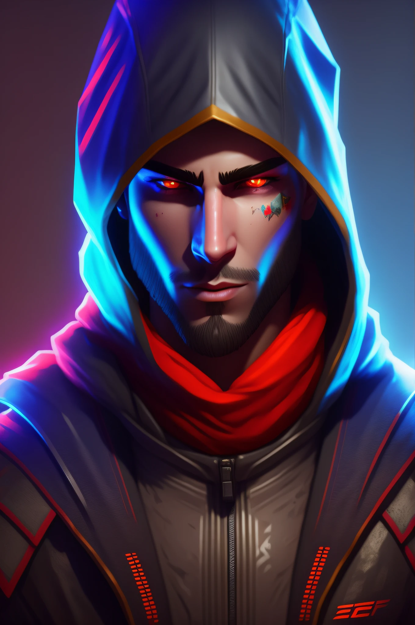 A closeup of a hooded white man with bright eyes, epic character portrait, epic portrait illustration, epic digital art illustration, epic game portrait, Fortnite art style, epic RPG portrait, Fortnite character, Unreal 5. rpg portrait, epic full face portrait, epic art style, detailed character portrait, darksynth character portrait, character art portrait, painted character portrait --auto --s2