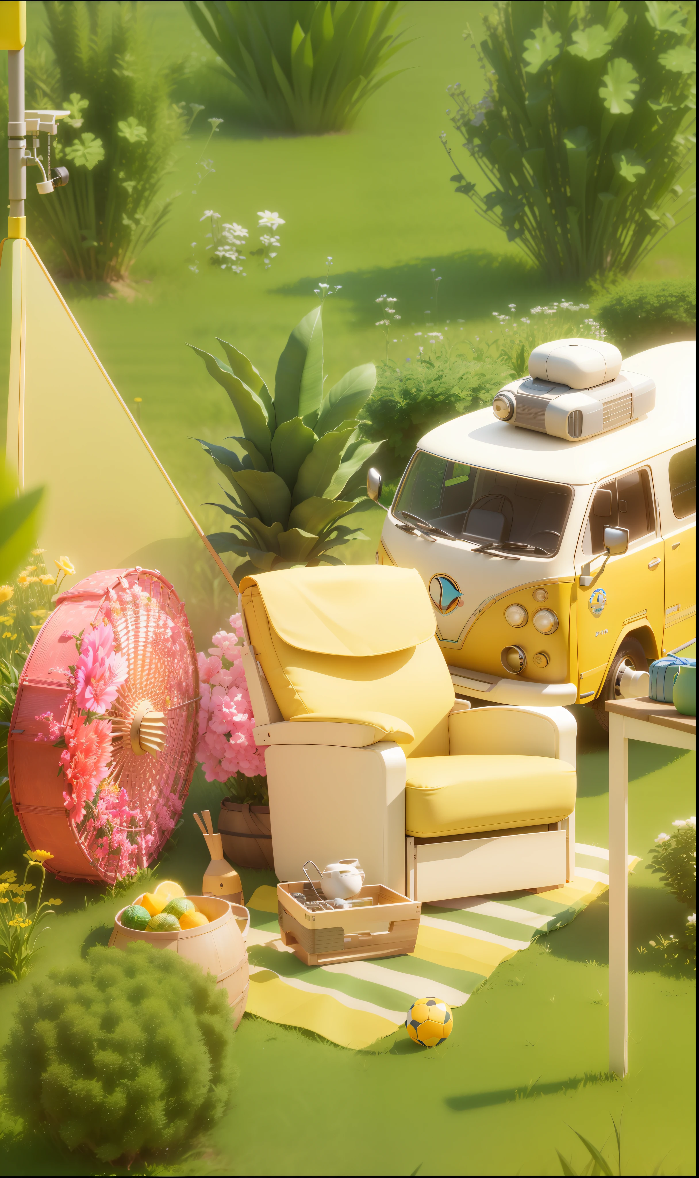 Field with a functional side chair, 3D rendering, promotional art, promotional rendering, fresh, C4D, pop japanese 3 D super detailed, V-ray, V-ray, Pixar 3 D animation style, 6 K, 6K, Kenny Wong x Pop Mart, C 4 D ", official artwork