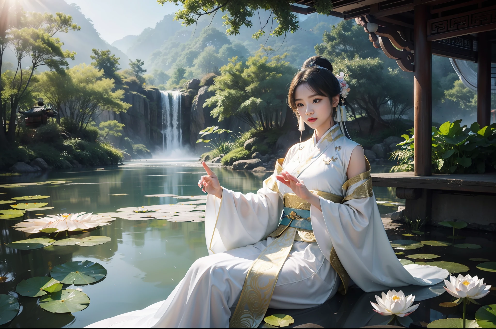 realistic, big vista, wide angle lens, intricate details, super detailed, natural skin texture, 1 girl, hair bundle, bun, beautiful Chinese woman in white hanfu robe cloak, fairy, white mist, golden light, white mist, outdoors, in Hangzhou West Lake, in ancient Chinese pavilion, (colorful, vivid, sunny, cool light: 1.2) lotus leaves in pond, delicate facial details, dynamic poses, exquisite details, wide view, epic details, global illumination - ar 3:2 - Q 5 - V 5.1 - Style RAW-S 750, style influenced by ancient Chinese art, complex, high detail, sharp focus, dramatic, photorealistic painting art, lotus leaf, spring rain, bright, light, atmospheric, bright tones of spring, super detail, 16k, best quality, soft light, space, crystal clear, natural light, surreal photography,