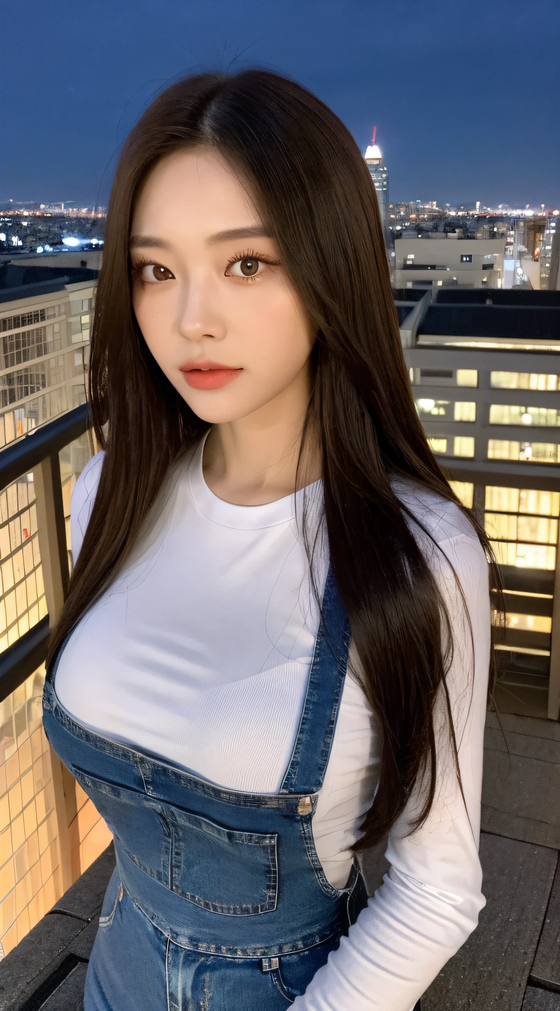 ((Midnight, Best quality, 8k, Masterpiece :1.3)), Whole body, Long legs, Sharp focus :1.2, A pretty woman with perfect figure :1.4, Slender abs :1.1, ((Dark brown hair, Big breasts :1.2)), (White tight tshirt, Jean bib, Standing:1.2), ((Night city view, Rooftop:1.3)), Highly detailed face and skin texture, Detailed eyes, Double eyelid