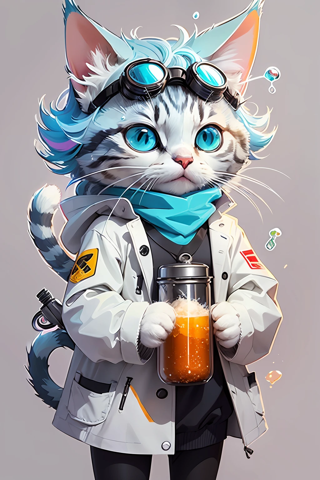 A cat wearing a white lab coat, protective goggles, and holding a flask with colorful bubbling substance, cutout sticker design with white outline in bright and vibrant colors on a white background stickers kawaii, professional sticker design, flat design, vector lines, sticker, drawing, Drawing, Full HD --auto --s2