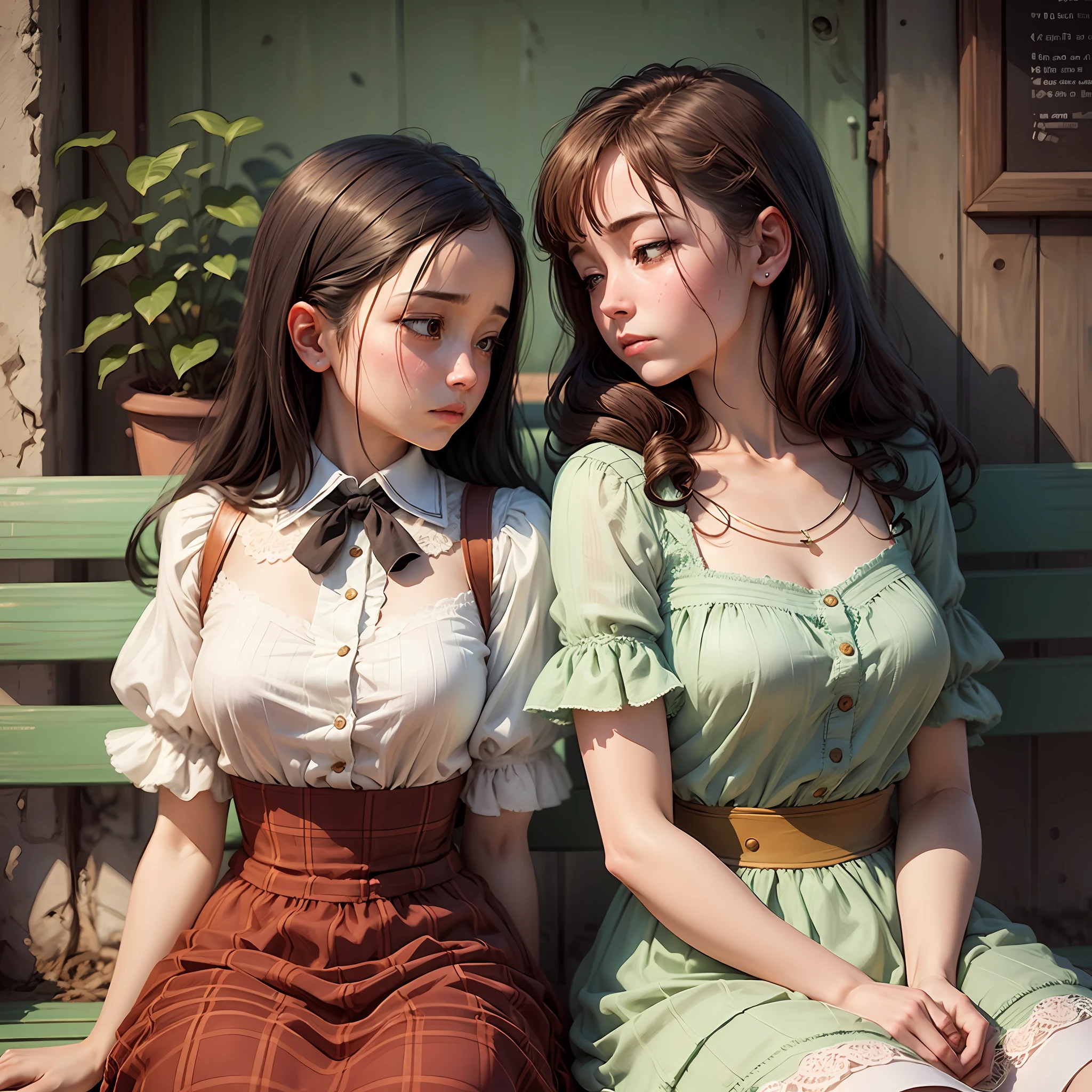 Mary and Anne sat on a bench, their backs to each other, with sad and distant expressions. --auto --s2