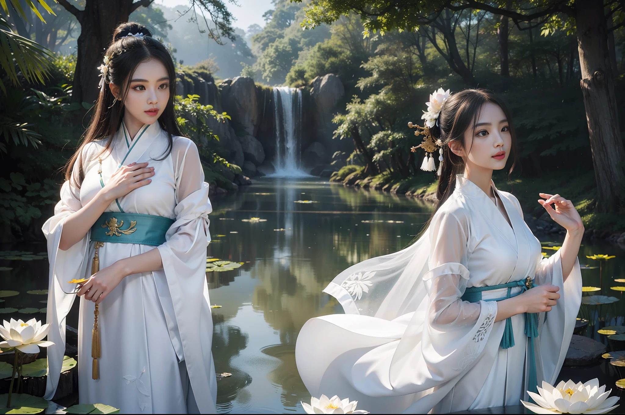 realistic, big vista, wide angle lens, intricate details, super detailed, natural skin texture, 1 girl, hair bundle, bun, beautiful Chinese woman in white hanfu robe cloak, fairy, white mist, golden light, white mist, outdoors, in Hangzhou West Lake, in ancient Chinese pavilion, (colorful, vivid, sunny, cool light: 1.2) lotus leaves in pond, delicate facial details, dynamic poses, exquisite details, wide view, epic details, global illumination - ar 3:2 - Q 5 - V 5.1 - Style RAW-S 750, style influenced by ancient Chinese art, complex, high detail, sharp focus, dramatic, photorealistic painting art, lotus leaf, spring rain, bright, light, atmospheric, bright tones of spring, super detail, 16k, best quality, soft light, space, crystal clear, natural light, surreal photography,