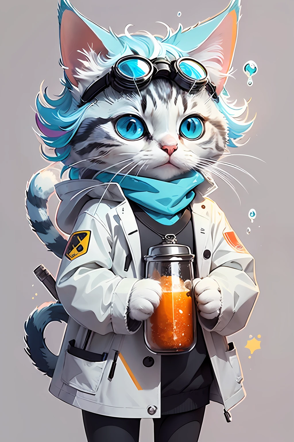 A cat wearing a white lab coat, protective goggles, and holding a flask with colorful bubbling substance, cutout sticker design with white outline in bright and vibrant colors on a white background stickers kawaii, professional sticker design, flat design, vector lines, sticker, drawing, Drawing, Full HD --auto --s2