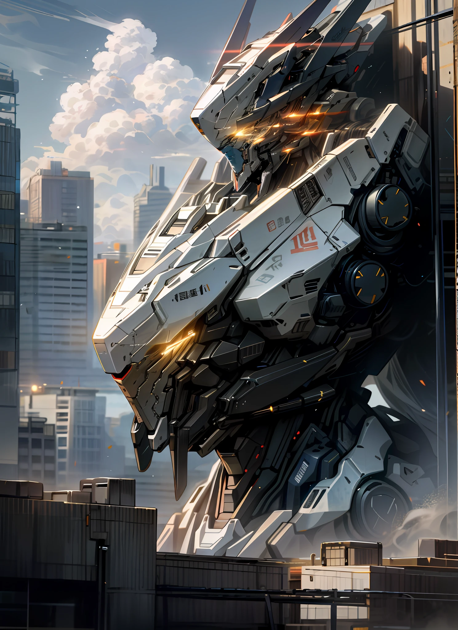 sky, cloud, holding_weapon, no_humans, glowing, , robot, building, glowing_eyes, mecha, science_fiction, city, realistic,mecha
