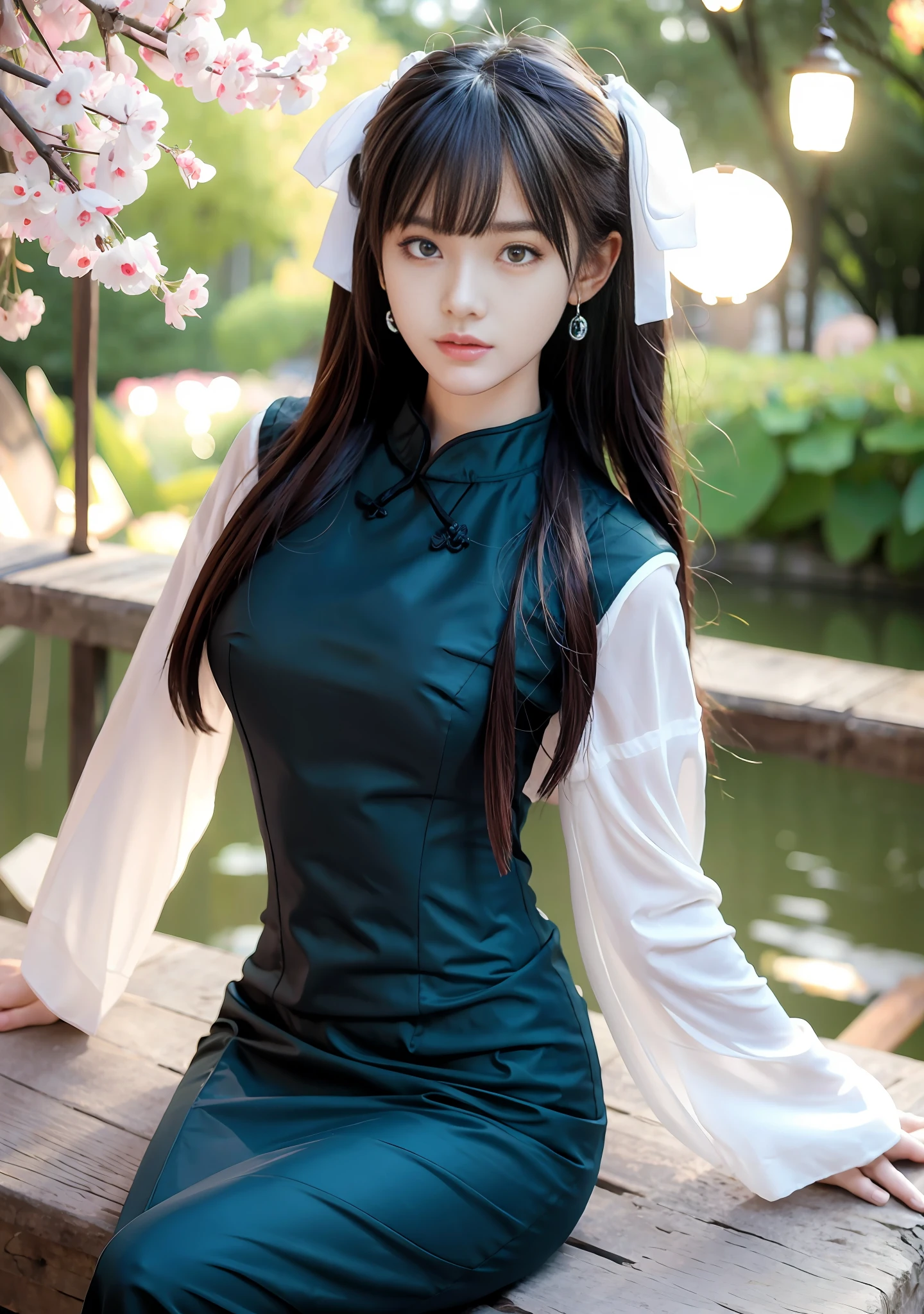 (ulzzang-6500-v1.1:0.4), 1girl, kpop idol, yae miko, detailed face, long legs shot, full body, master, best quality, (very detailed CG unity 8k wallpaper, masterpiece, best quality, ultra - detailed, best shadow), (detailed background), (beautiful detailed face, beautiful detailed eyes), High contrast, (best illumination, an extremely delicious and beautiful), independent sleeves, pink hair, long hair, best quality, (photorealistic : 1.2), (Hair Accessory: 1.35), Jewelry, Purple Eyes, Earrings, Big Breasts, Torii, Cherry Blossoms, Lantern Lights, Depth of Field, Detailed Face, Facial Focus, (Looking at Viewer: 1.25), Skin Shine, long sleeves