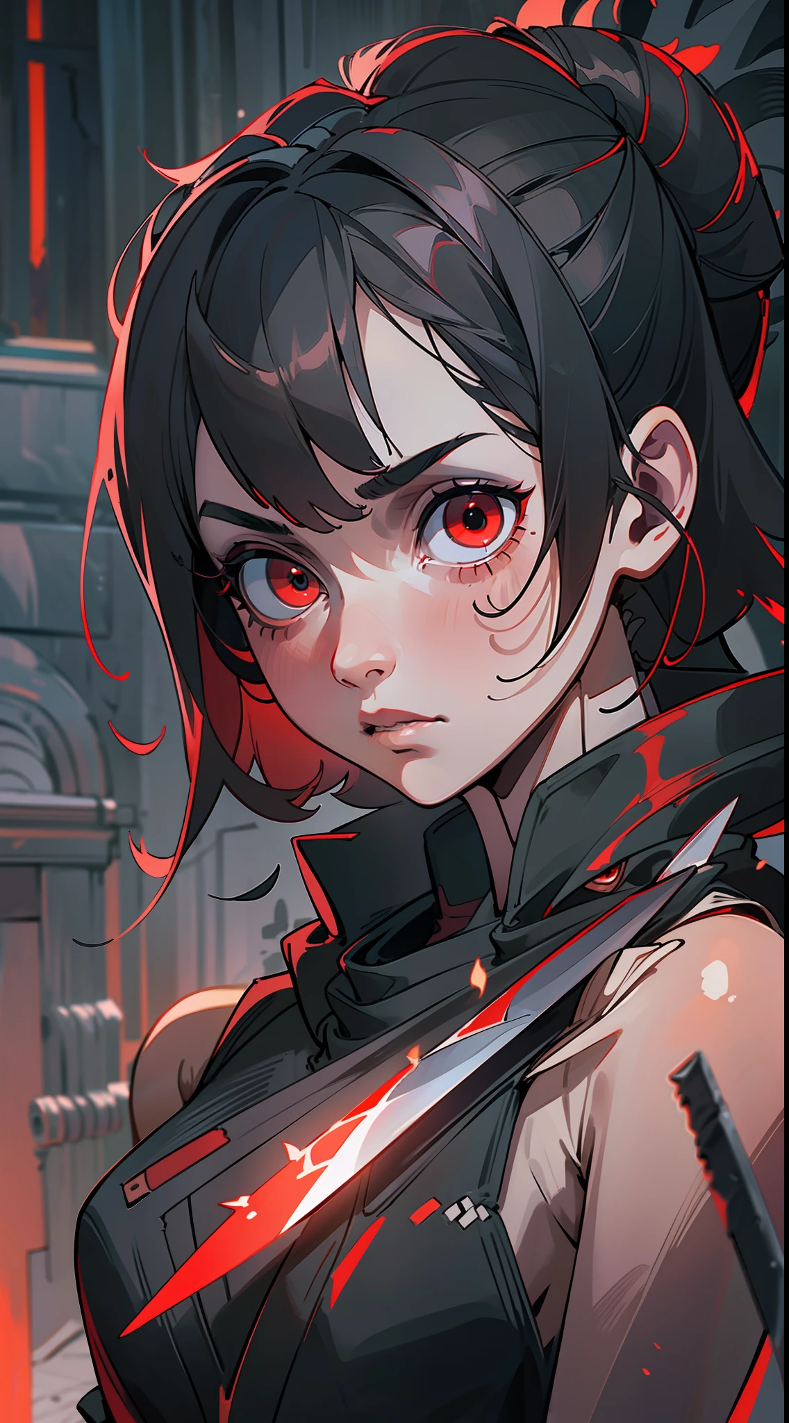 (extremely detailed CG unity 8k wallpaper, masterpiece, best quality, ultra-detailed), best illumination, black hood, shadows, mysterious, intense, (1 female) , dark hair, red eyes, deadly weapons, sharp knife, black clothes, dark alley, moonlight.