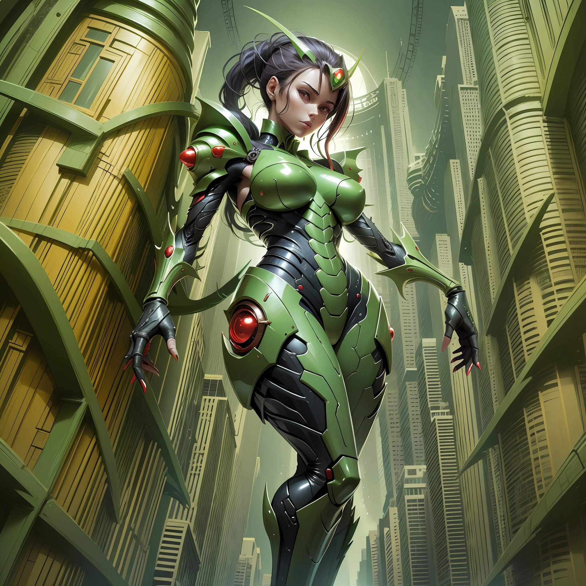 Cartoon photo of woman in green and red costume, hot insect humanoid woman, Guyver style, SFW version, red eye, scaraber reploid, tail, cel shade adult animation, alien queen, serpentine pose, --auto --s2