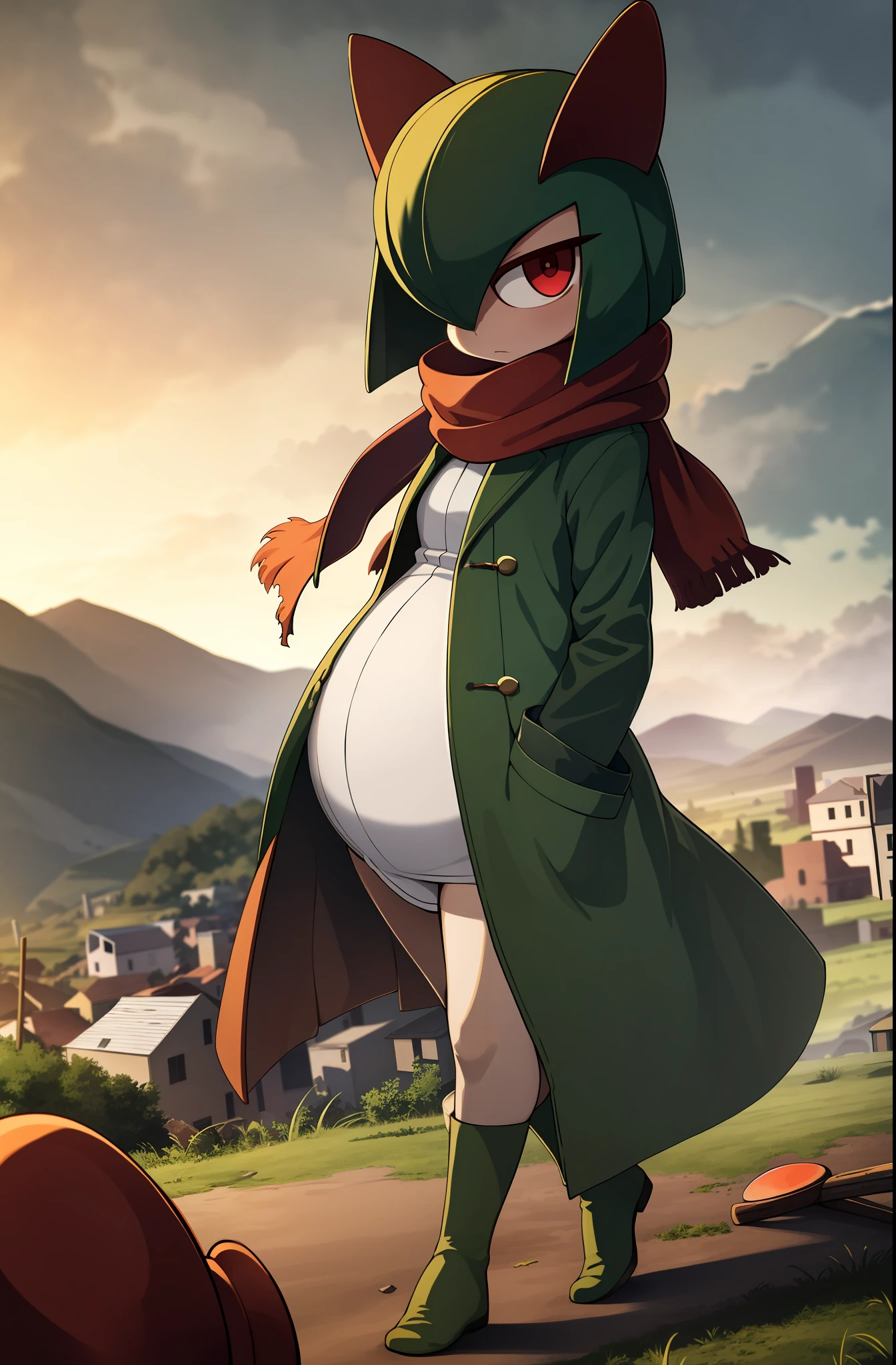 masterpiece, best quality, 1 girl, alone, kirlia, green hair, red eyes, green skin, short hair, walking through a destroyed village, long coat, brown coat, red scarf, torn scarf, dirty clothes, serious expression, pregnant.