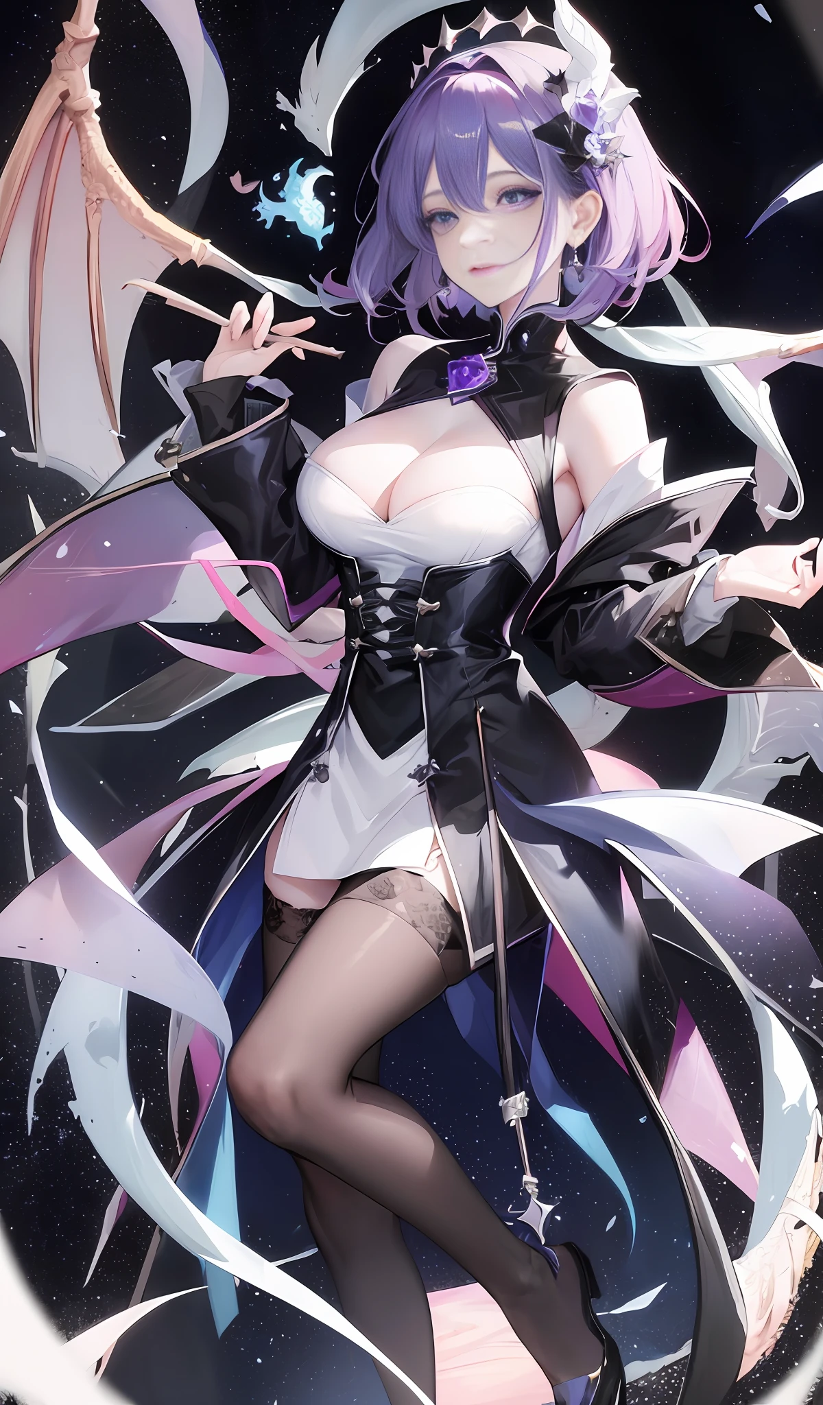 Masterpiece, Superb Product, 1 Female, Mature Woman, Starry Sky, Sister, Royal Sister, Cold Face, Black Stockings, Blue Pick-and-Dye, Pale Pink Lips, Calm, Intellectual, Three Bands, Purple Eyes, Dragon Horn, Dragon Wings, Cool Background