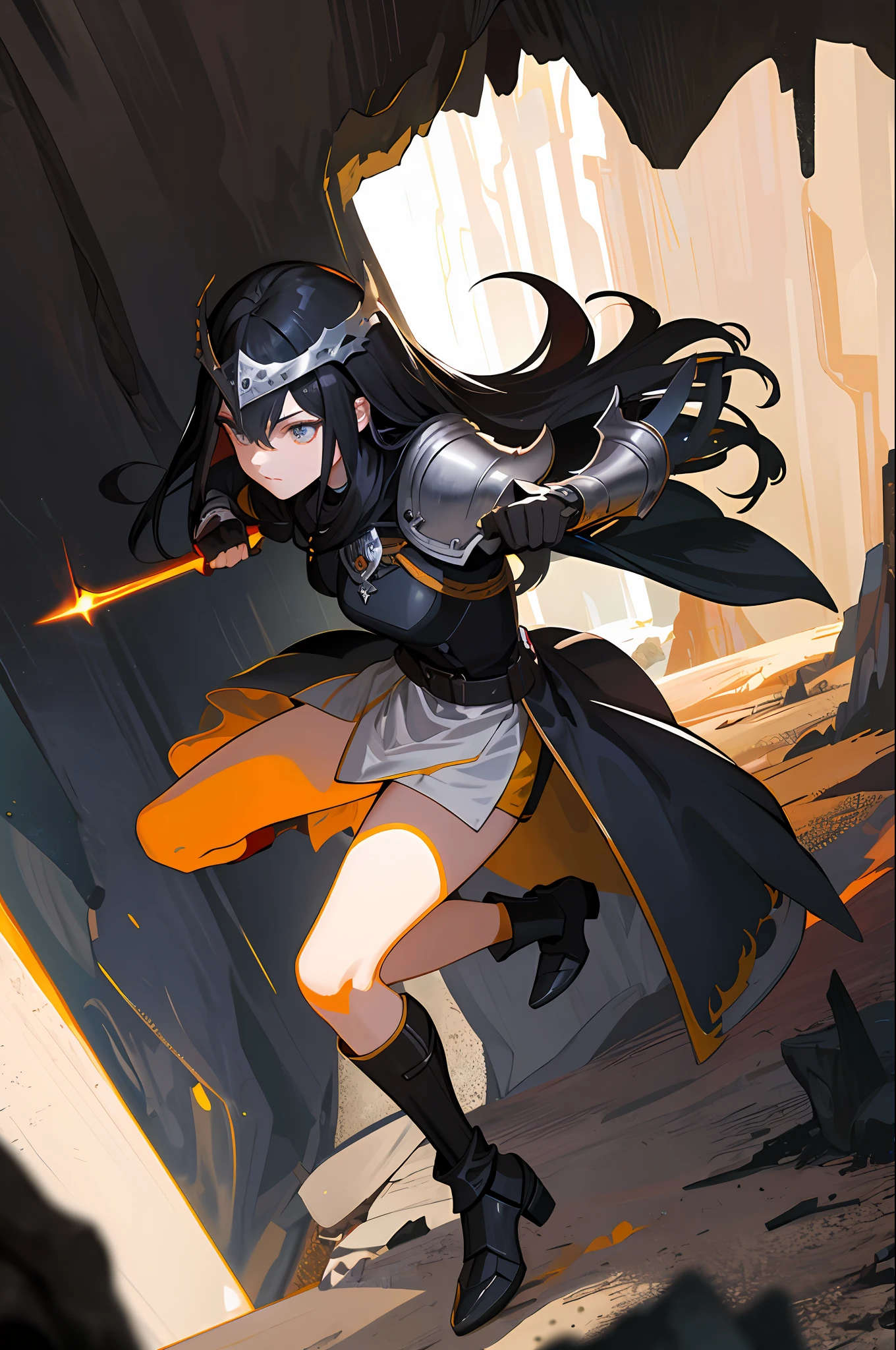 (masterpiece, best quality),1girl with long black hair holding a steel sword inside a cave, helmet, armor, boots, glove, torch, perspective, flash point, dark, stones, naturalism, realism, fantasy, perspective, fog, fog, capricious, adventurous