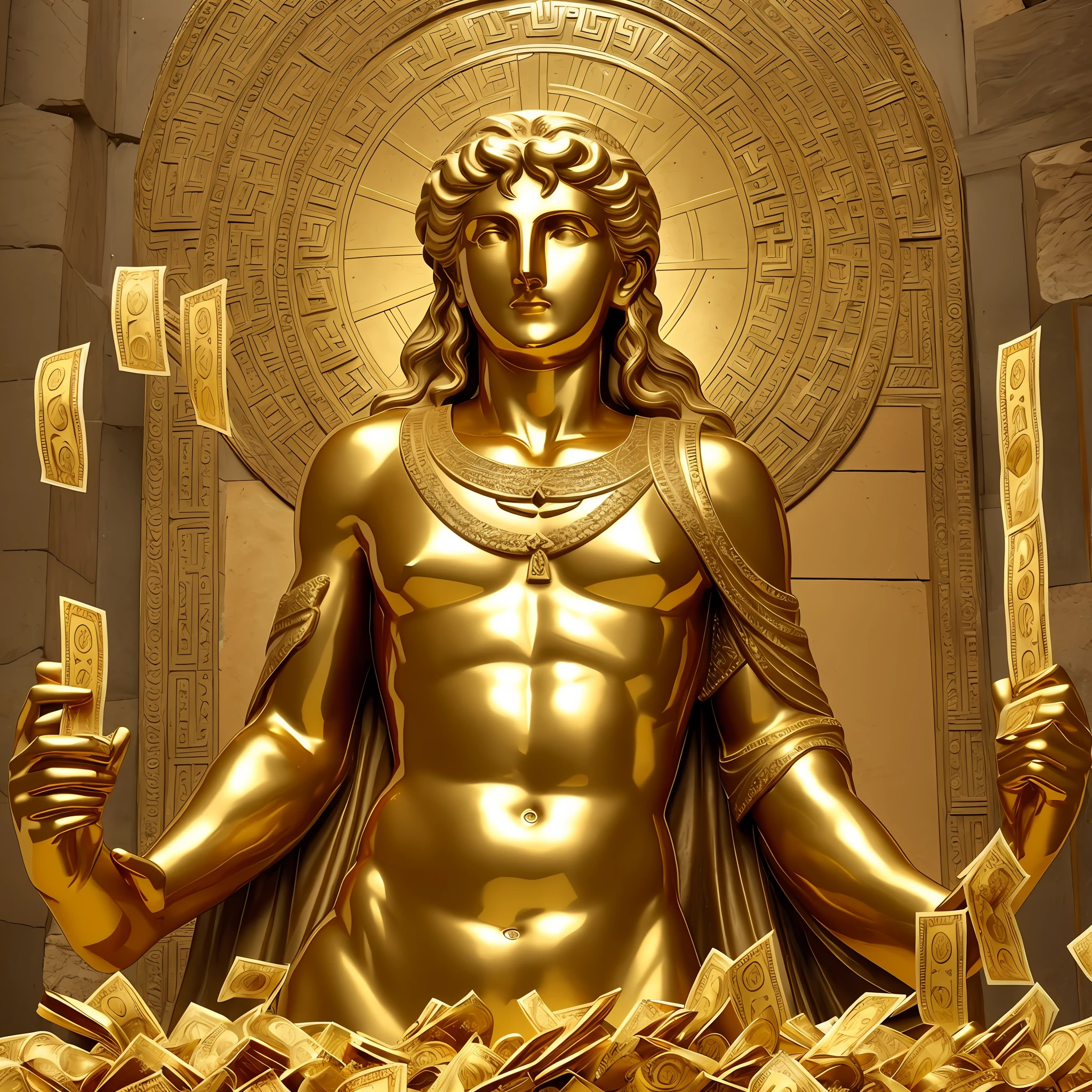 Greek statue holding money and with lots of gold around, powerful statue, rich statue, demonstrating its power --auto --s2