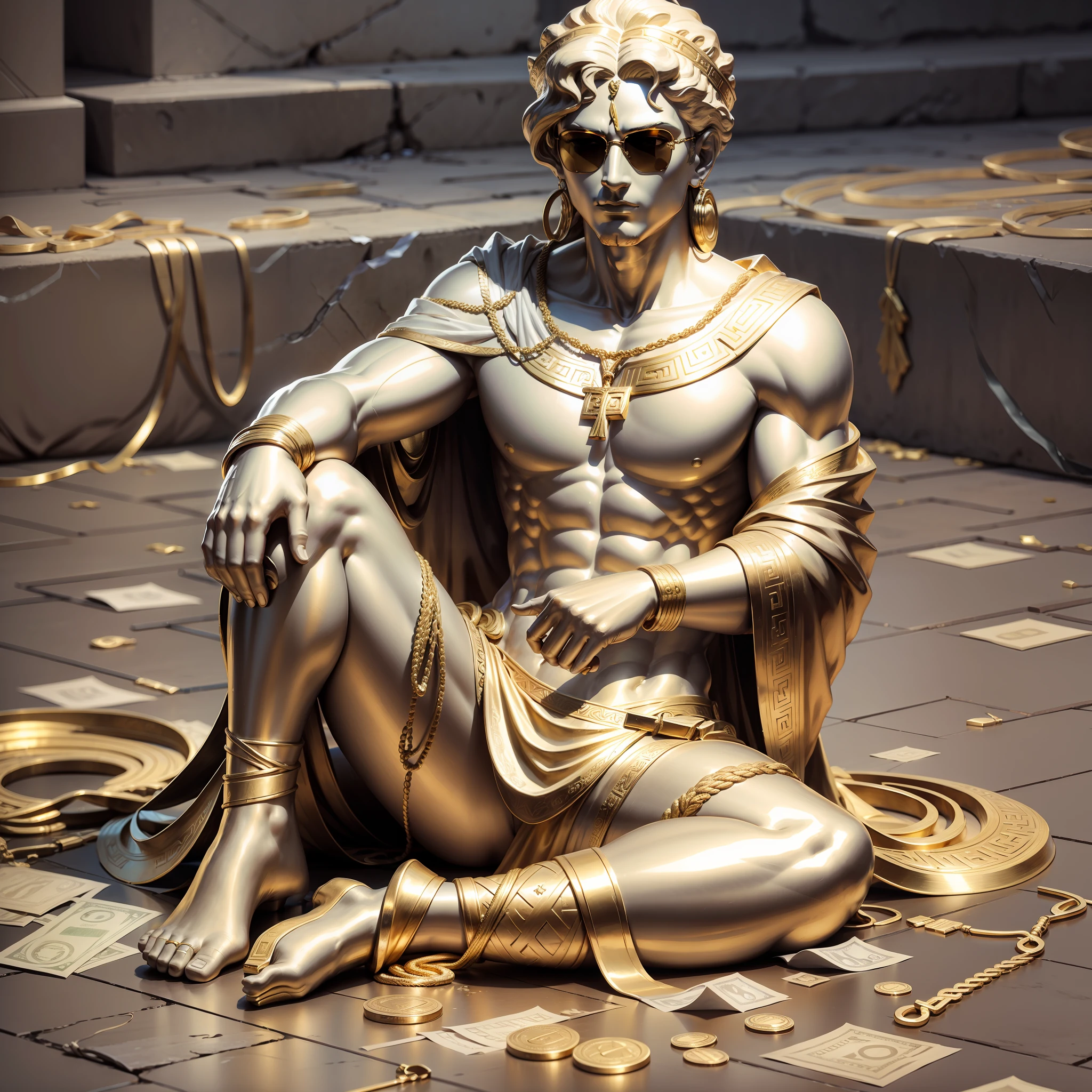 Greek statue with sunglasses and gold cord, with lots of money scattered on the floor --auto --s2