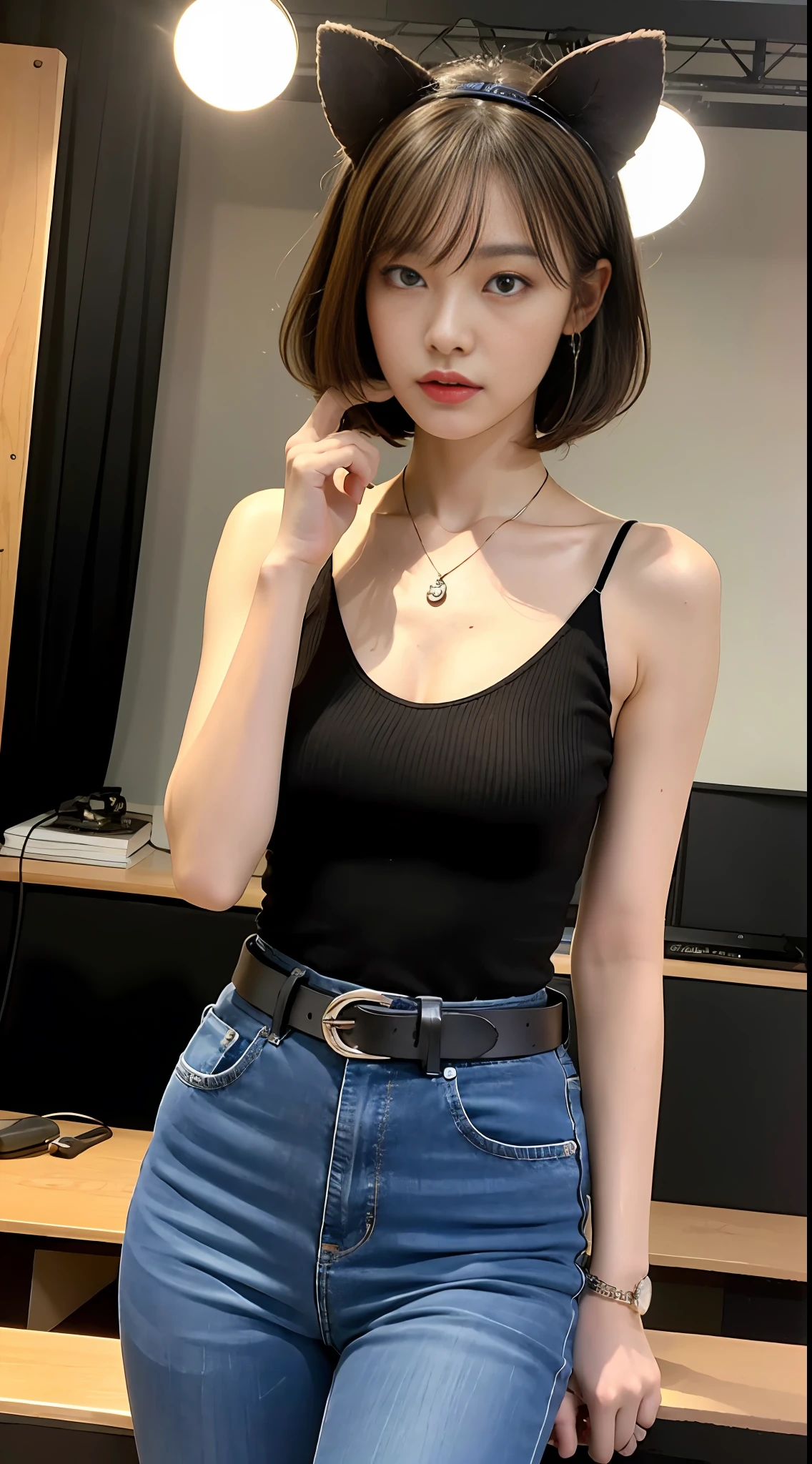 (Best quality, masterpiece: 1.3), a tall and beautiful woman with slim abs, loose wavy styling dark brown hair, short hair, wearing a pendant, (wearing 1.5), belt, black mini short jeans, (live broadcast in the live room as a background), beautifully rendered details of face and skin texture, detailed eyes, double eyelids, bangs, animal ears, troubles, high resolution