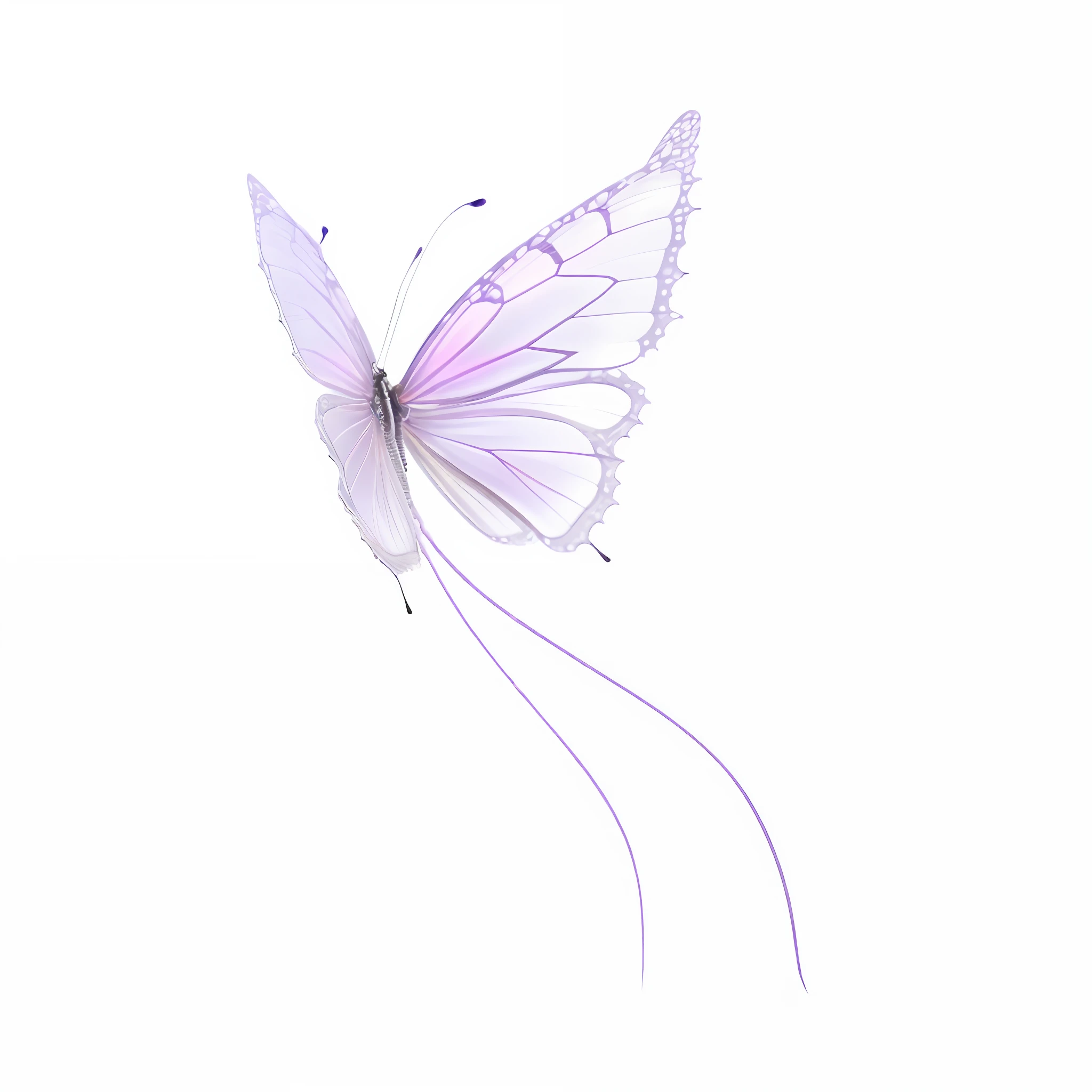 purple butterfly with long wings on a black background, soft butterfly lighting, ethereal wings, translucent wings, big white glowing wings, fairy wings, transparent wings, astral fairy, fairy, neon wings, gossamer wings, butterfly lighting, butterfly squid, rendered, symetrical wings, butterfly, omori, with large wings, iridescent wings, a friendly wisp