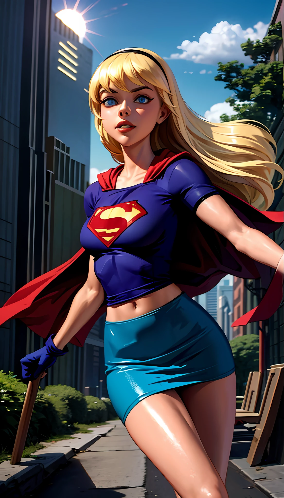 (cowboy shot), SFW, (masterpiece), (best quality: 1.0), (ultra highres: 1.0), detailed eyes,
BREAK
Supergirl, 1girl, long blonde hair, in the air, flying
Hair band, \(blue\) crop top, short sleeves, cape, red pencil skirt, gloves, boots
BREAK
(Morning sun, beautiful forest, stunning view)