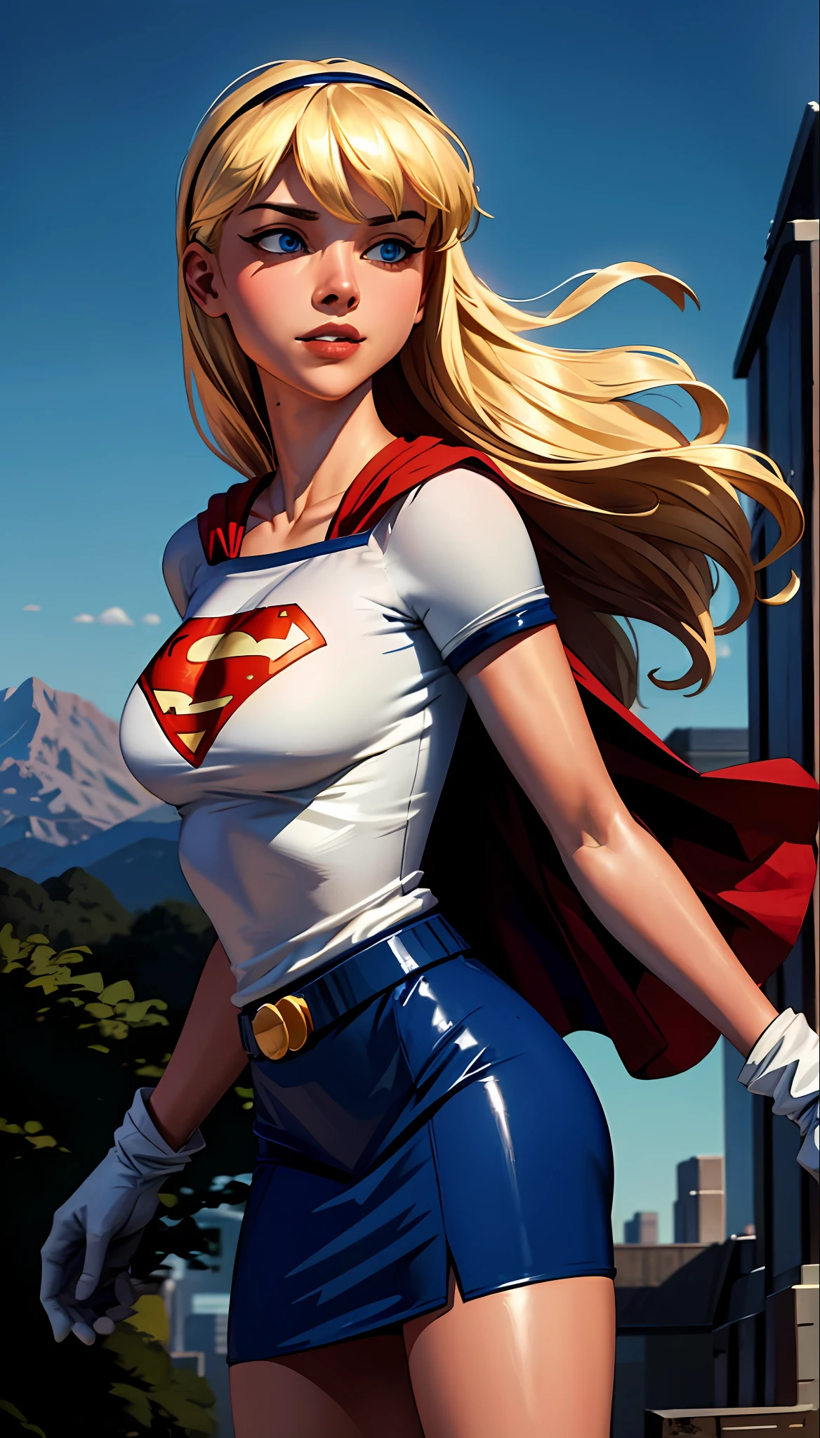 (cowboy shot), SFW, (masterpiece), (best quality: 1.0), (ultra highres: 1.0), detailed eyes,
BREAK
Supergirl, 1girl, long blonde hair, in the air, flying
Hair band, \(blue\) crop top, short sleeves, cape, red pencil skirt, gloves, boots
BREAK
(Morning sun, beautiful forest, stunning view)
