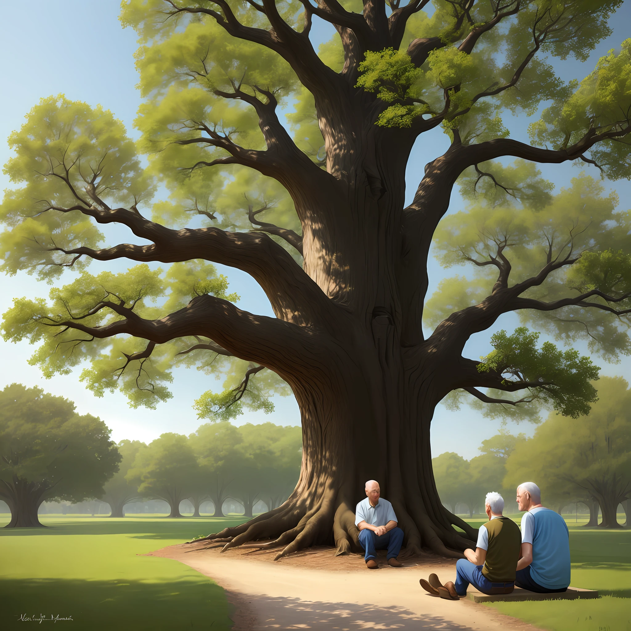 Man and old man sitting on the ground on an oak tree talking