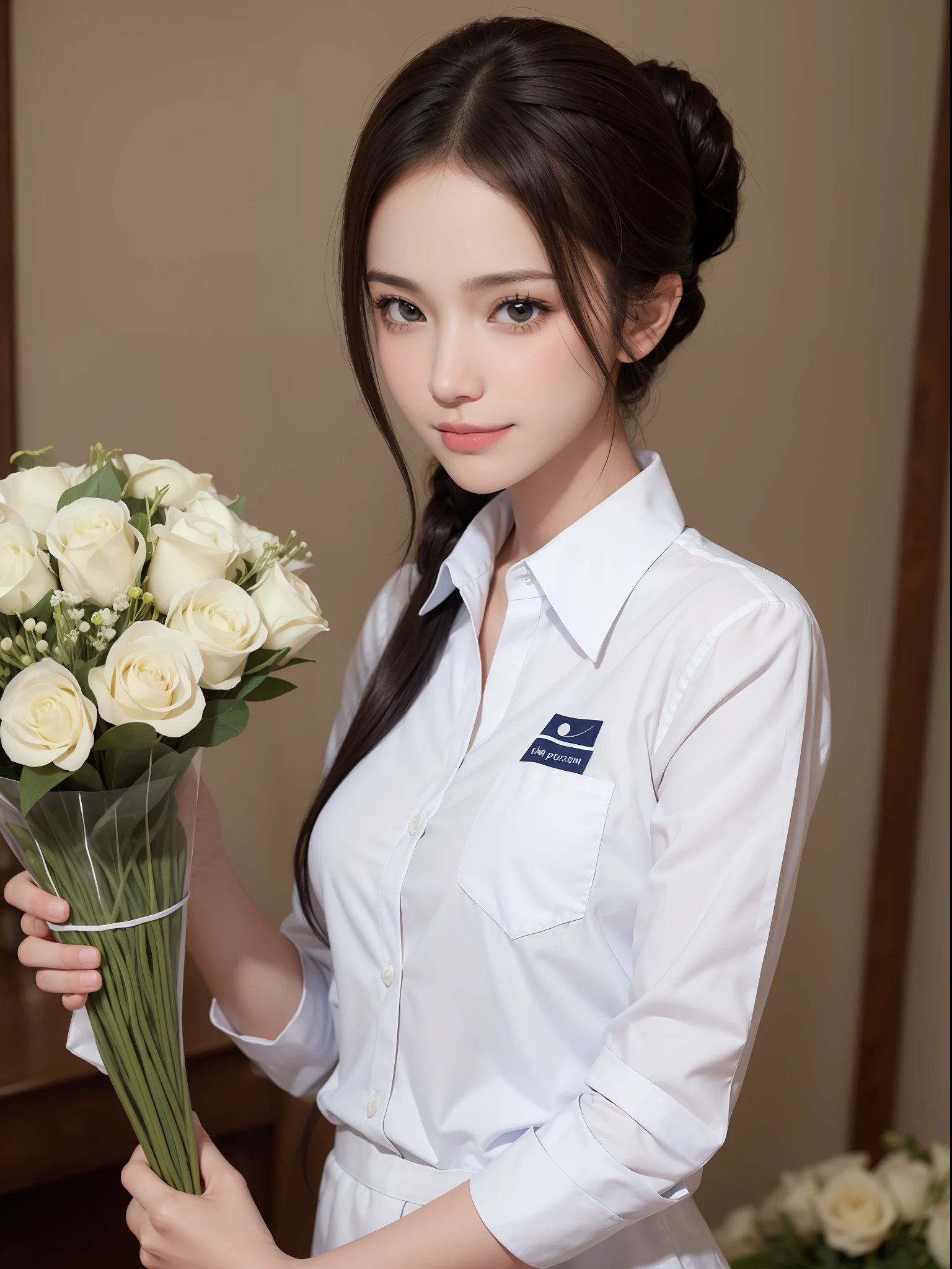 8k, Perfect human body, Real person, Photorealistic, RAW photo, Real human face, Real human face skin, 17yearsold, tall girl, small breasts, slim body, (looking at the camera with pure love eyes), cute look, showing the whole body, up do hairstyle, no makeup, beautiful white skin, real human black cute eyes, cute face, movie lighting, no makeup, beautiful white skin, working at the flower shop, making a bouquet, wearing a staff uniform with a navy blue apron and a white button-up shirt, and serving with a shy smile,