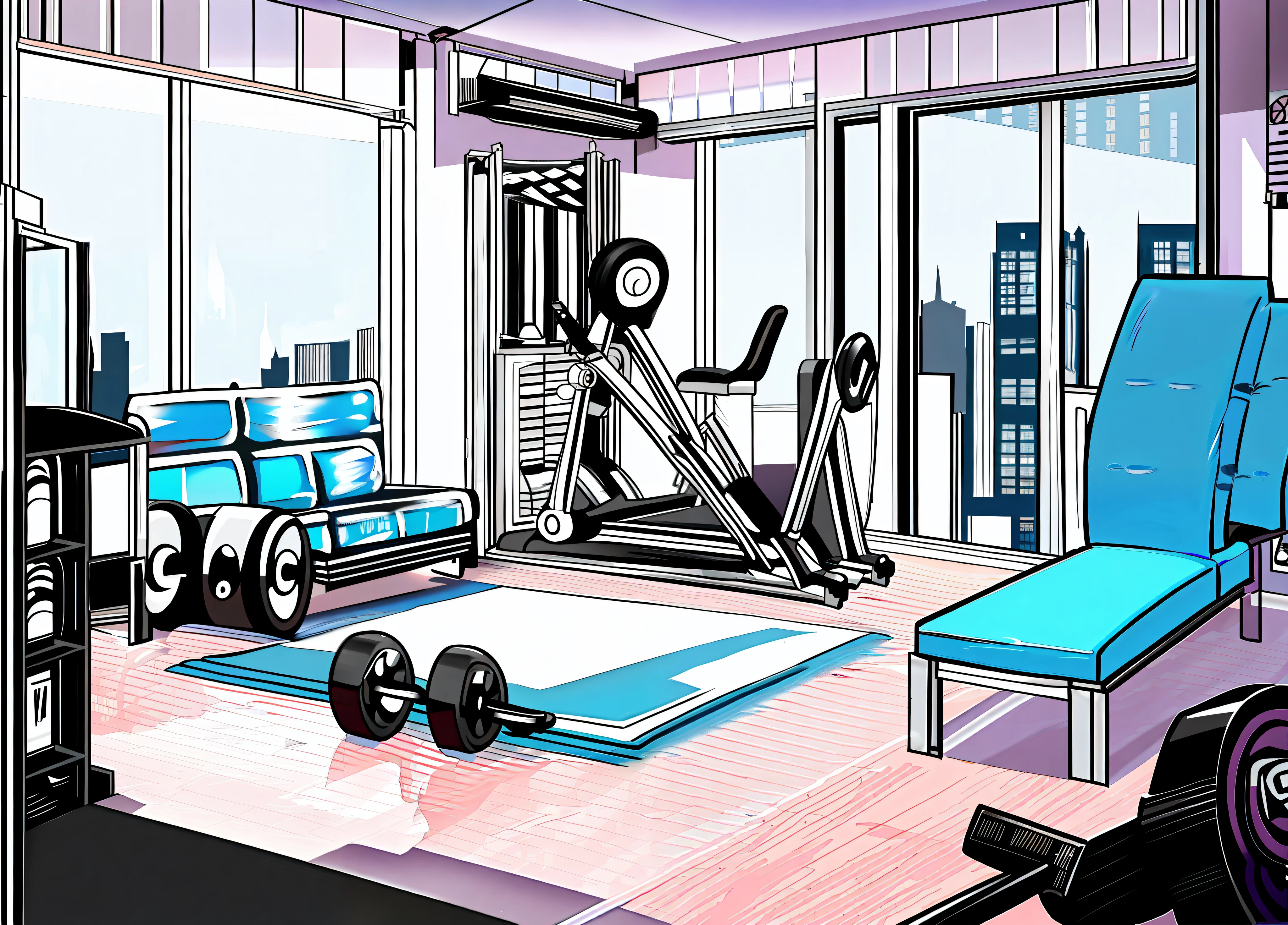 Cartoon illustration of modern cityscape, background art, personal room background, interior design, big bed, coffee table, item display case, interior background art, modern style apartment, modern city apartment with fitness equipment, dumbbells on the ground, detailed 2D illustration, relaxing concept art, anime background art, ((Style words: rough lines + quality words: low fidelity)), Filter description: (Black and white tones: 2.0, with graininess) (Line art: 2.0)