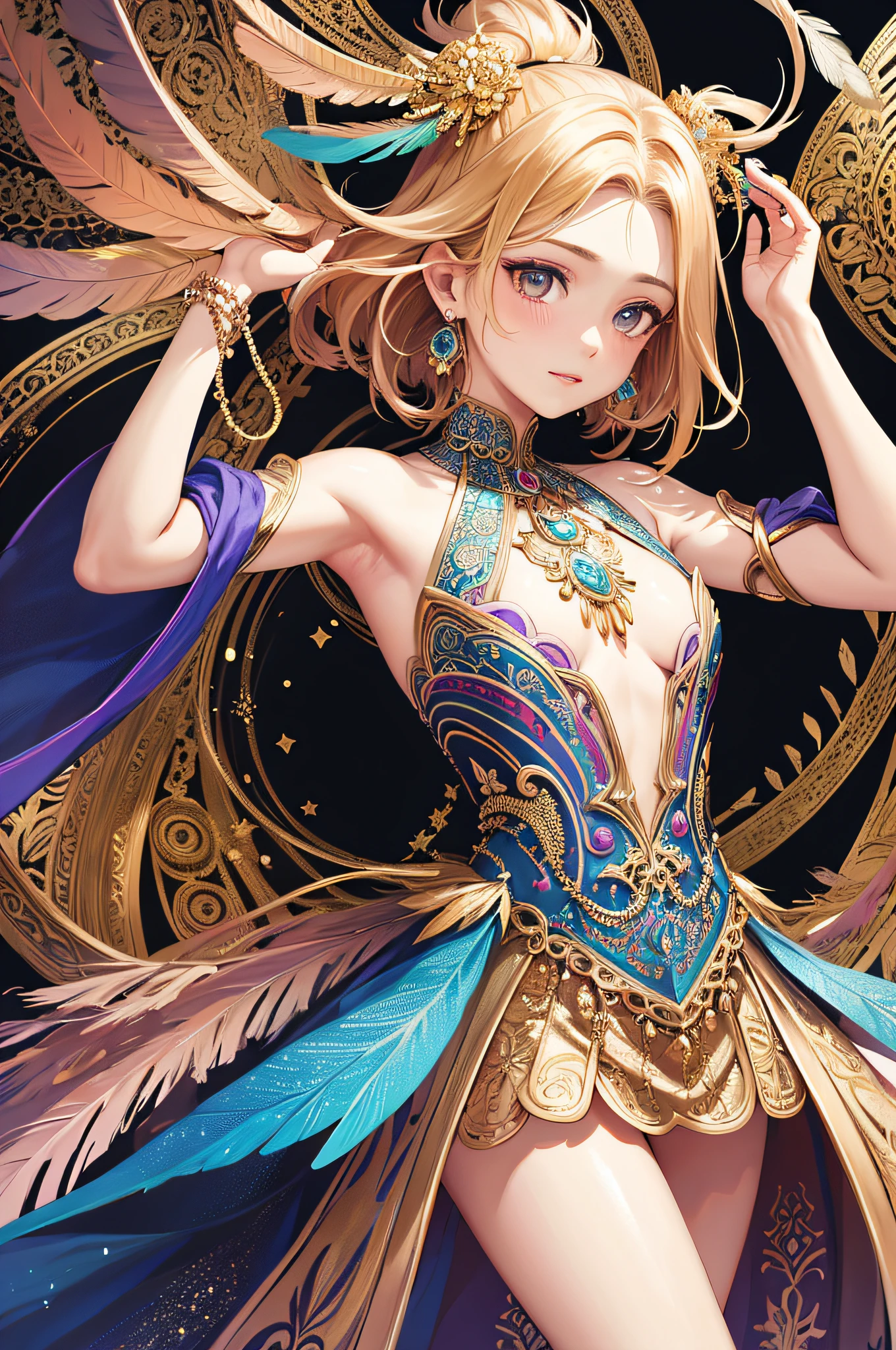 Armpits, ((embarrassing)), face do-up, small breasts, bare shoulders, golden hair, colored feathers, metal ornaments, colored flowers, particles, rays, (masterpiece, highest quality, official art, beautiful and aesthetic: 1.2), (1 girl: 1.3), highly detailed, (fractal art: 1.1), (colorful: 1.1) (flowers: 1.3), best detail, (zentangle: 1.2), (dynamic pose(Abstract background: 1.3), (Glossy skin), (many colors: 1.4), (Earrings: 1.4), (Feathers: 1.4)
