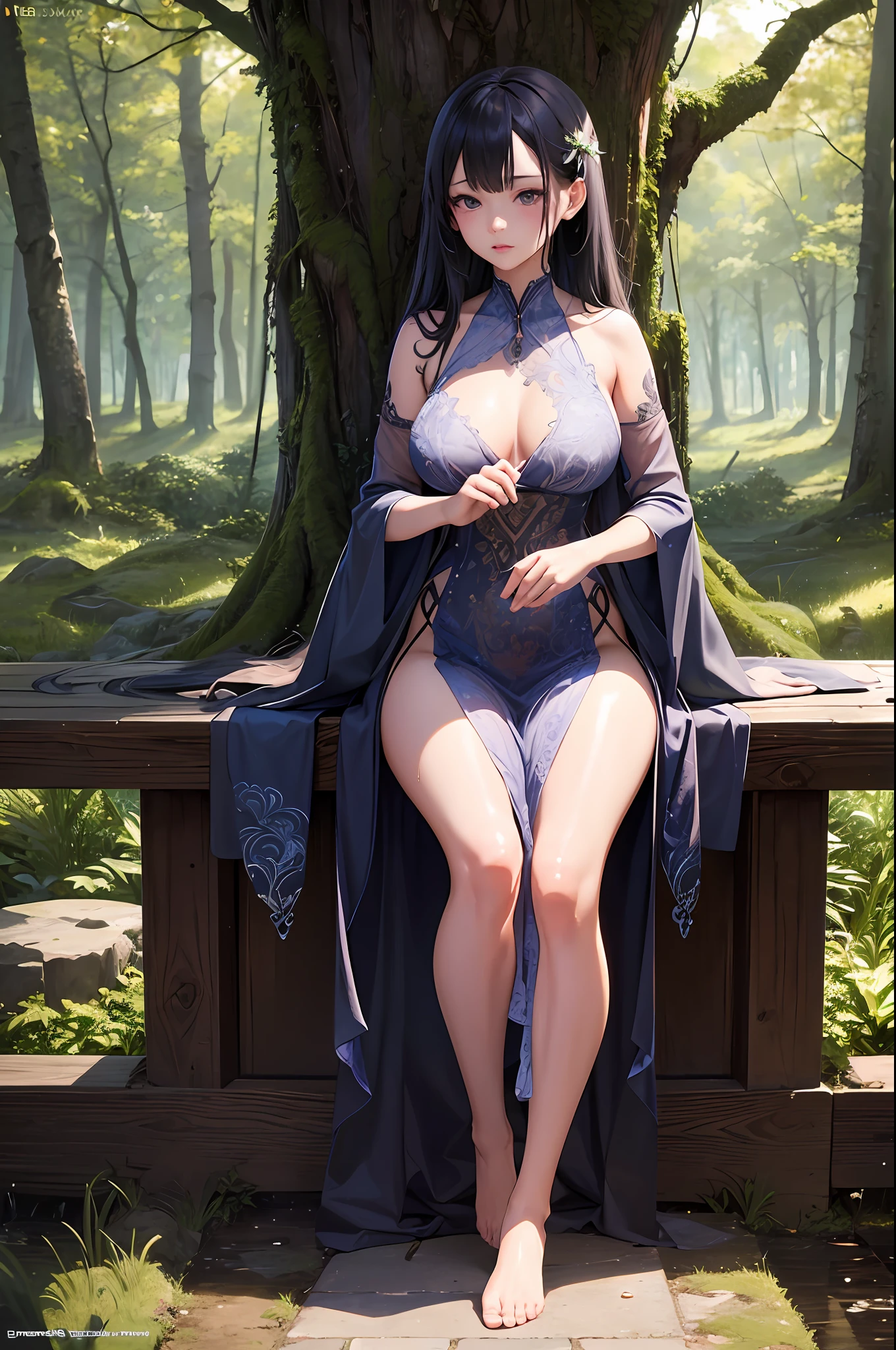 nsfw, Official Art, Unity 8k wallpaper, super detailed, beautiful, beautiful, masterpiece, top quality, too classy, unrivaled, romanticism, erotic, contemplation, emotional depth, supernatural, forest fairy, 1 girl, wet and sheer mini dress with leaf vein pattern, full body tattoo, Japanese carving tattoo, solo, neck, full body portrait